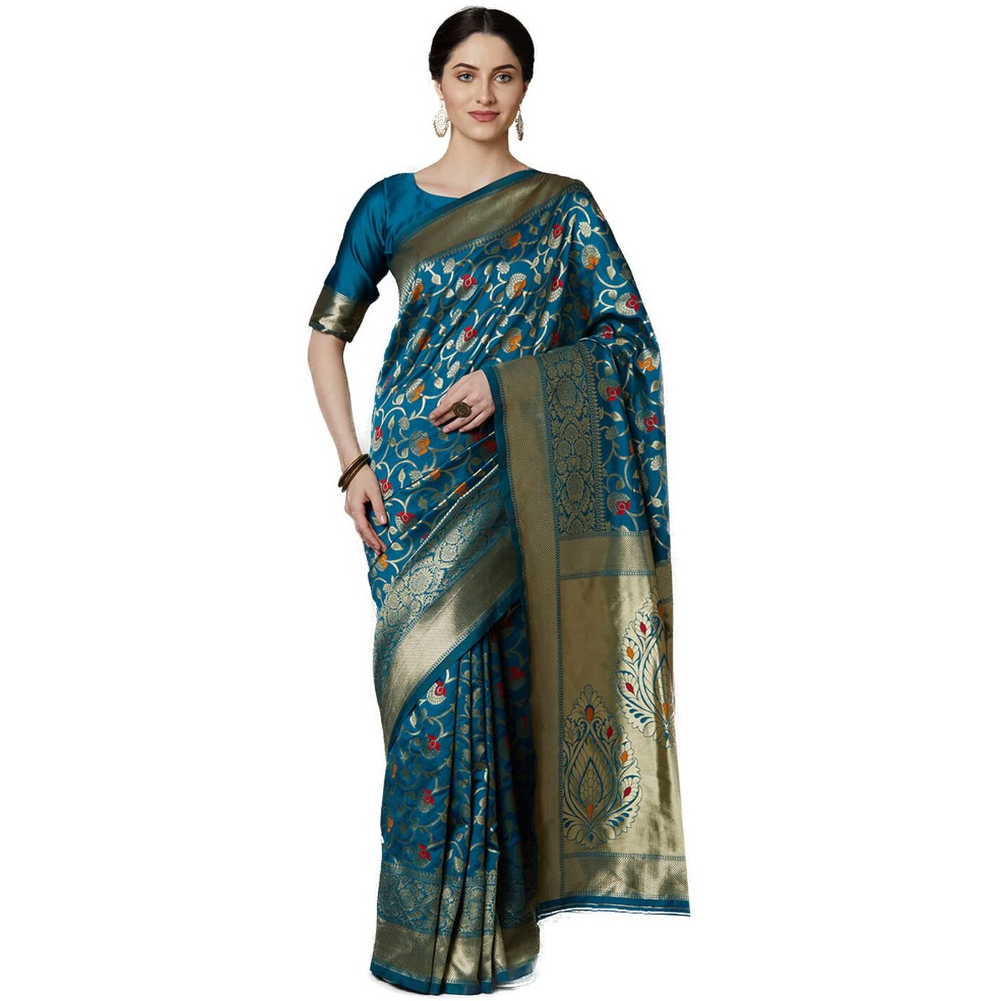 AKHILAM Womens Kanjivaram Banarasi Silk Woven Design Saree With Unstitched Blouse Piece (Teal Blue_VORE8013_D)