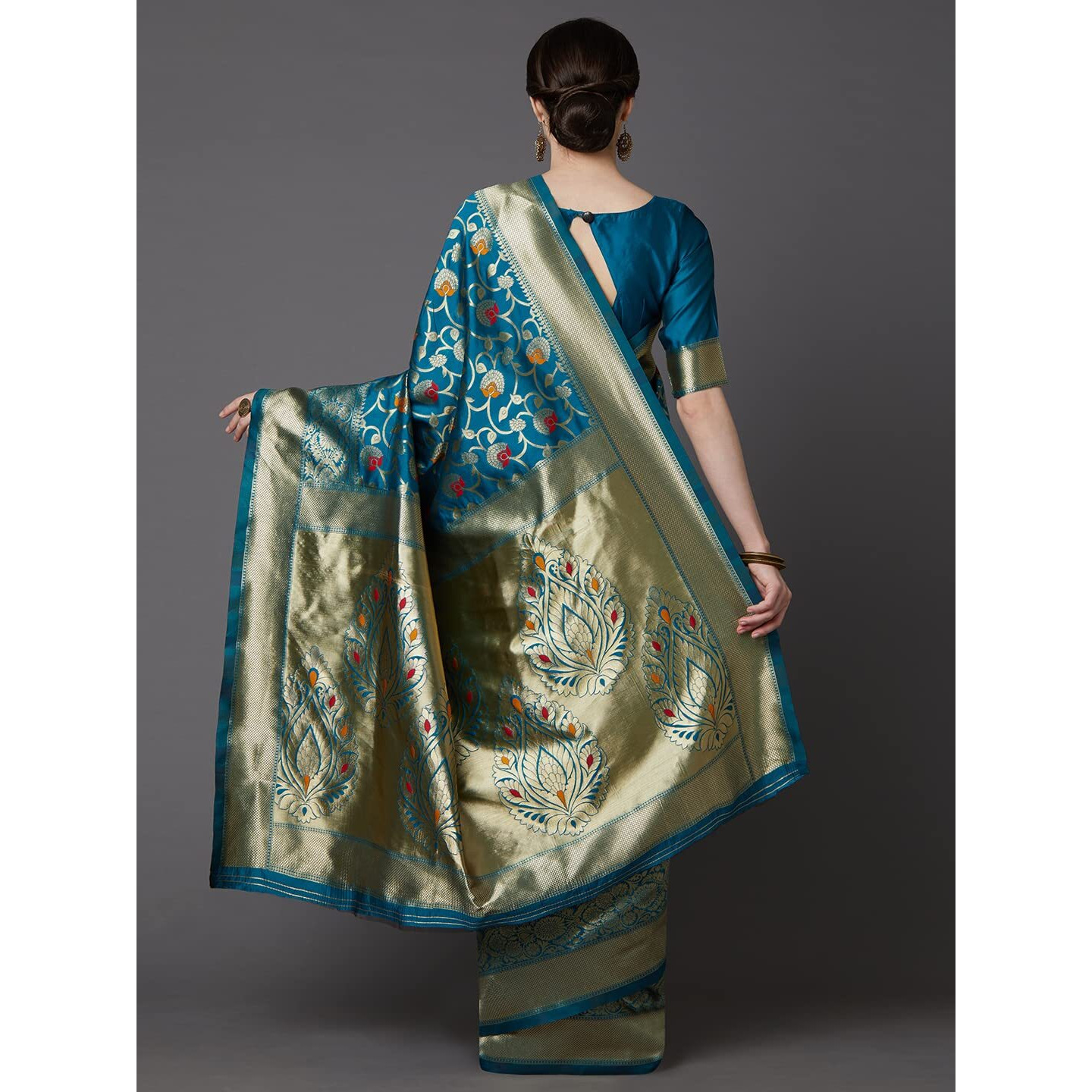 AKHILAM Womens Kanjivaram Banarasi Silk Woven Design Saree With Unstitched Blouse Piece (Teal Blue_VORE8013_D)