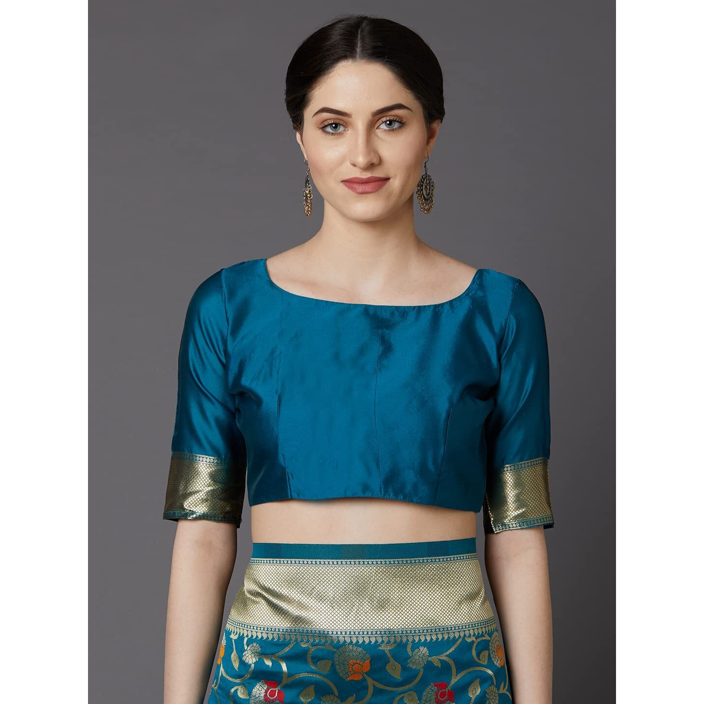 AKHILAM Womens Kanjivaram Banarasi Silk Woven Design Saree With Unstitched Blouse Piece (Teal Blue_VORE8013_D)