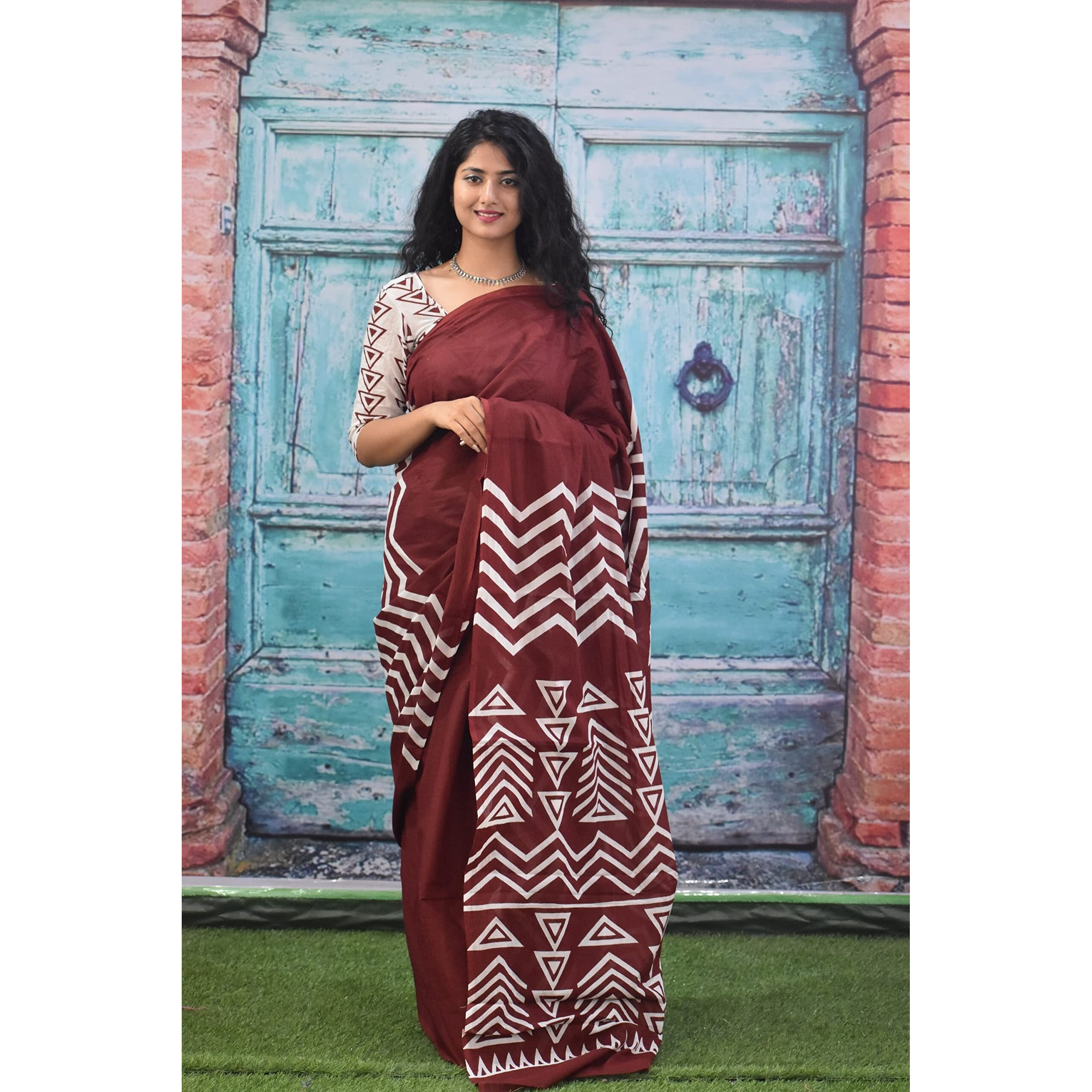 Kiaaron Womens Ikat Hand Block Print Jaipuri Cotton Mulmul Saree with Blouse Piece - Maroon_367