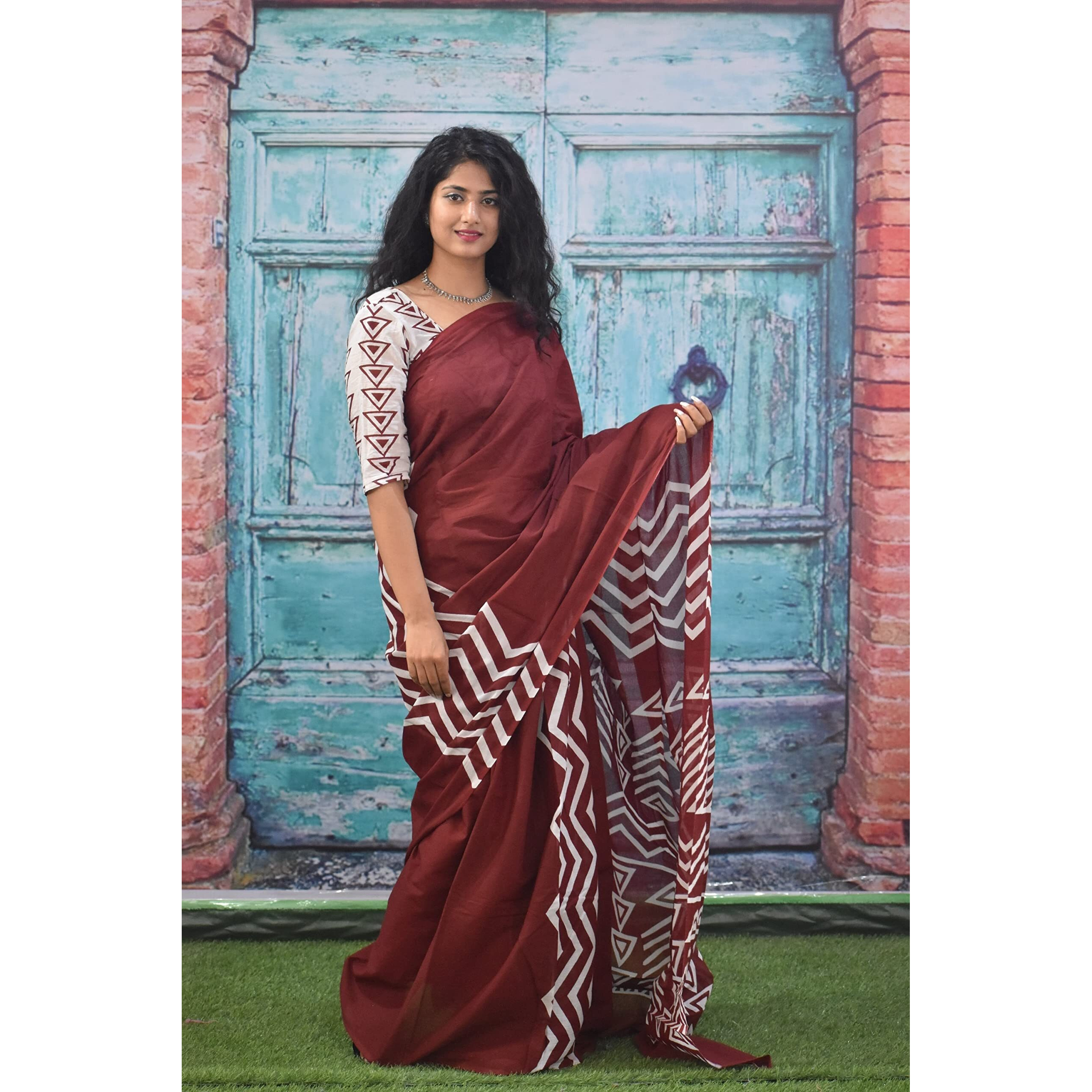 Kiaaron Womens Ikat Hand Block Print Jaipuri Cotton Mulmul Saree with Blouse Piece - Maroon_367