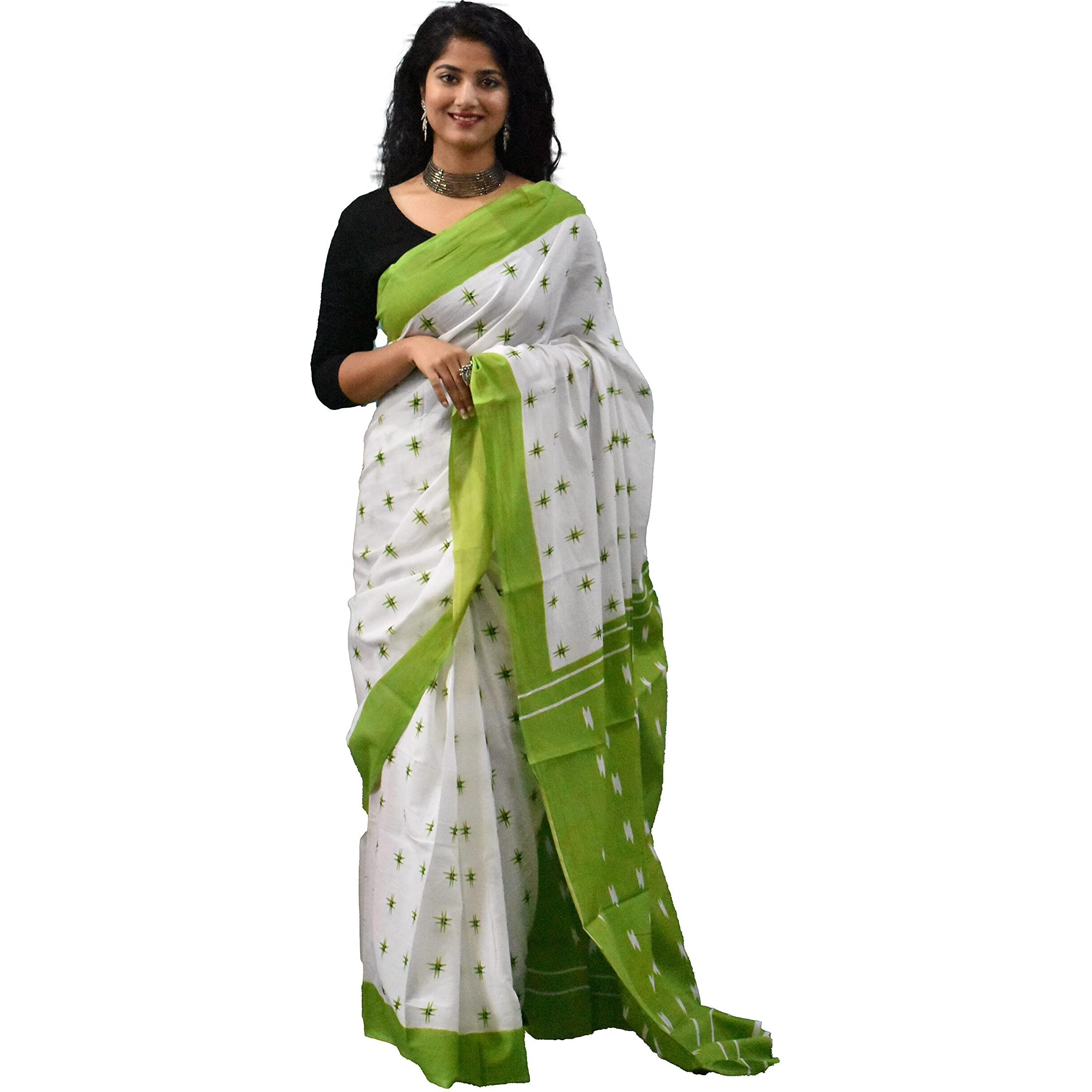 Kiaaron Womens Hand Block Kalamkari Batik Bagru Jaipuri Ikat Printed Handloom Pure Cotton Mulmul Traditional Ethnic Cotton Sarees With Printed Blouse Piece - White