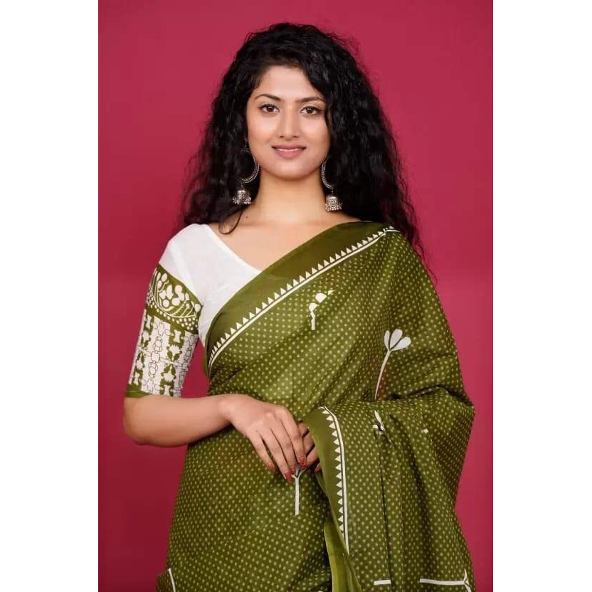 Kiaaron Handicrafts Jaipuri Ikat Hand Block Print Womens Cotton Mulmul Saree with Blouse Piece -Green_0049