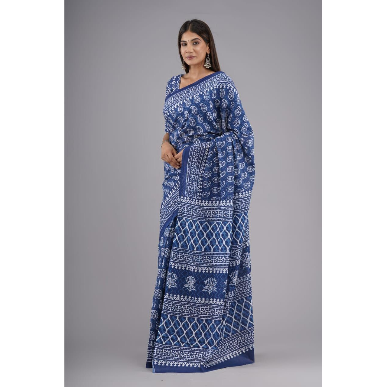 Kiaaron Handicrafts Womens Ikat Hand Block Print Jaipuri Cotton Mulmul Saree with Blouse Piece -Blue_20