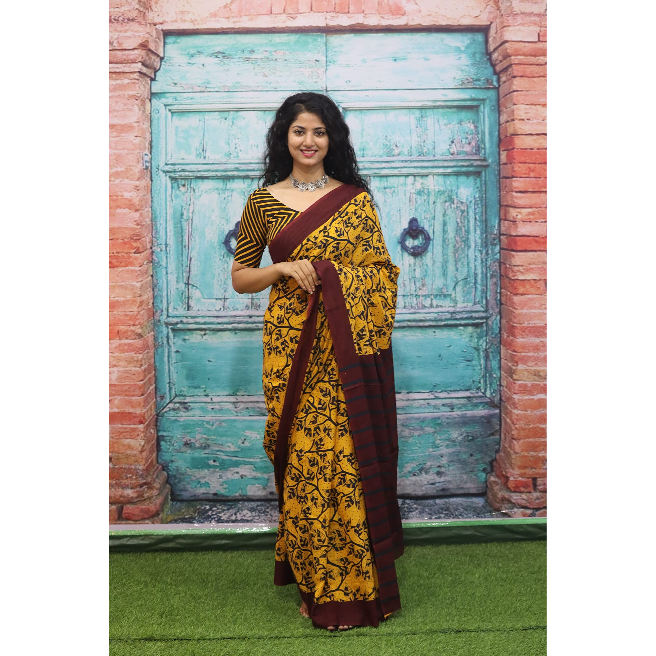 Kiaaron Womens Ikat Hand Block Print Jaipuri Cotton Mulmul Saree with Blouse Piece - Brown_386