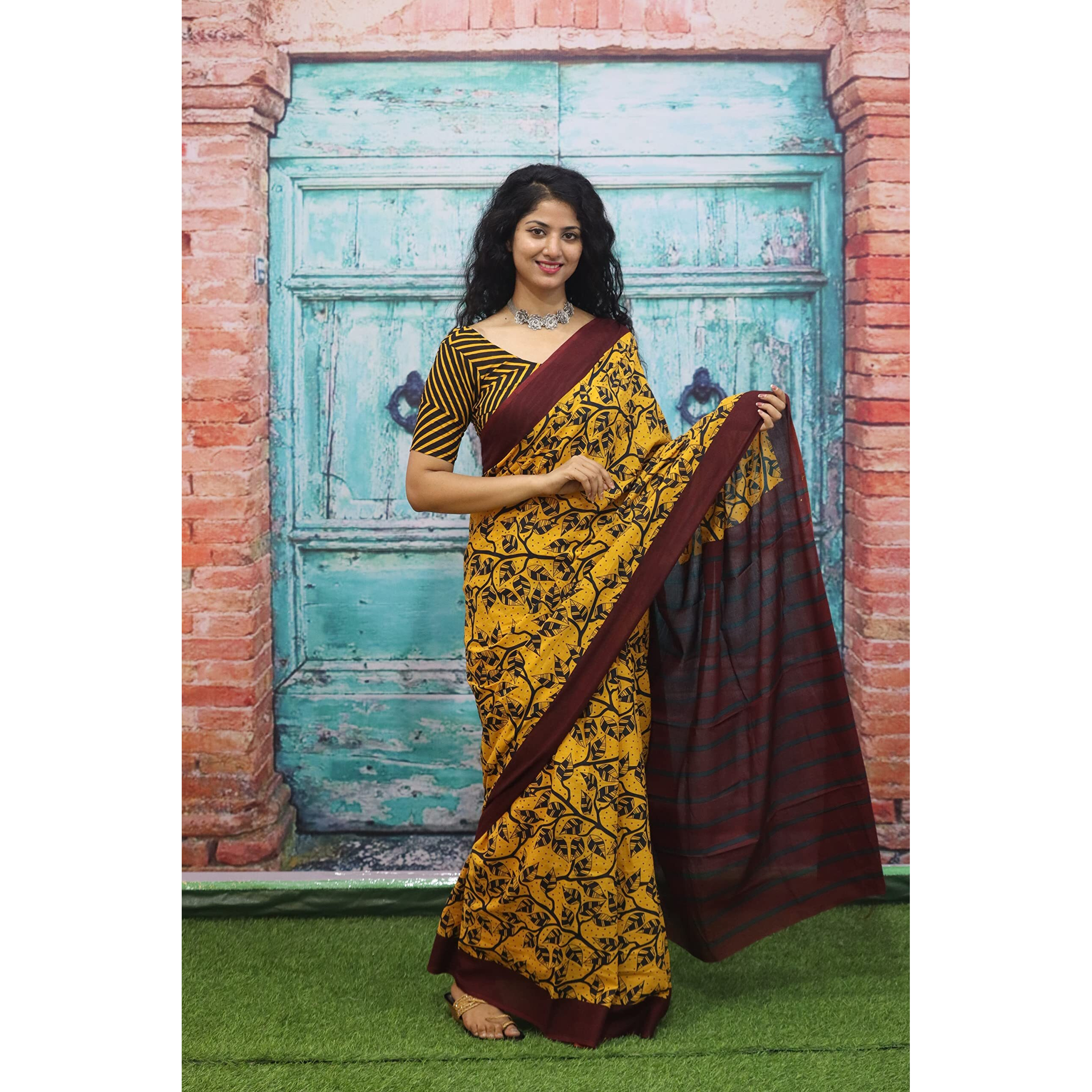 Kiaaron Womens Ikat Hand Block Print Jaipuri Cotton Mulmul Saree with Blouse Piece - Brown_386
