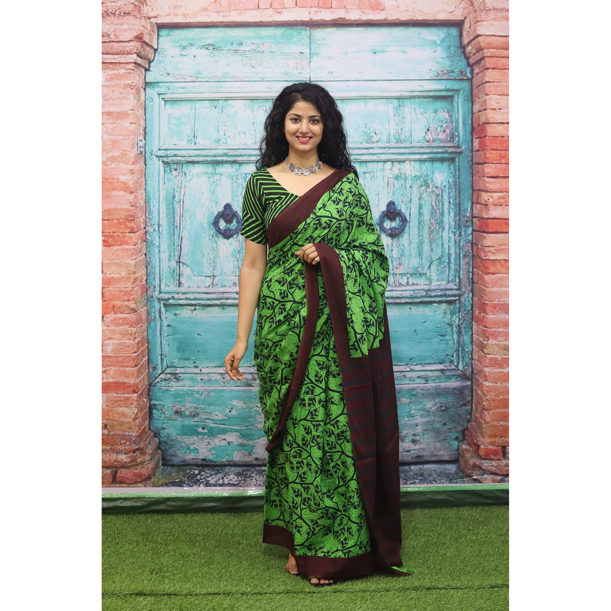 Kiaaron Womens Ikat Hand Block Print Jaipuri Cotton Mulmul Saree with Blouse Piece - Green_385