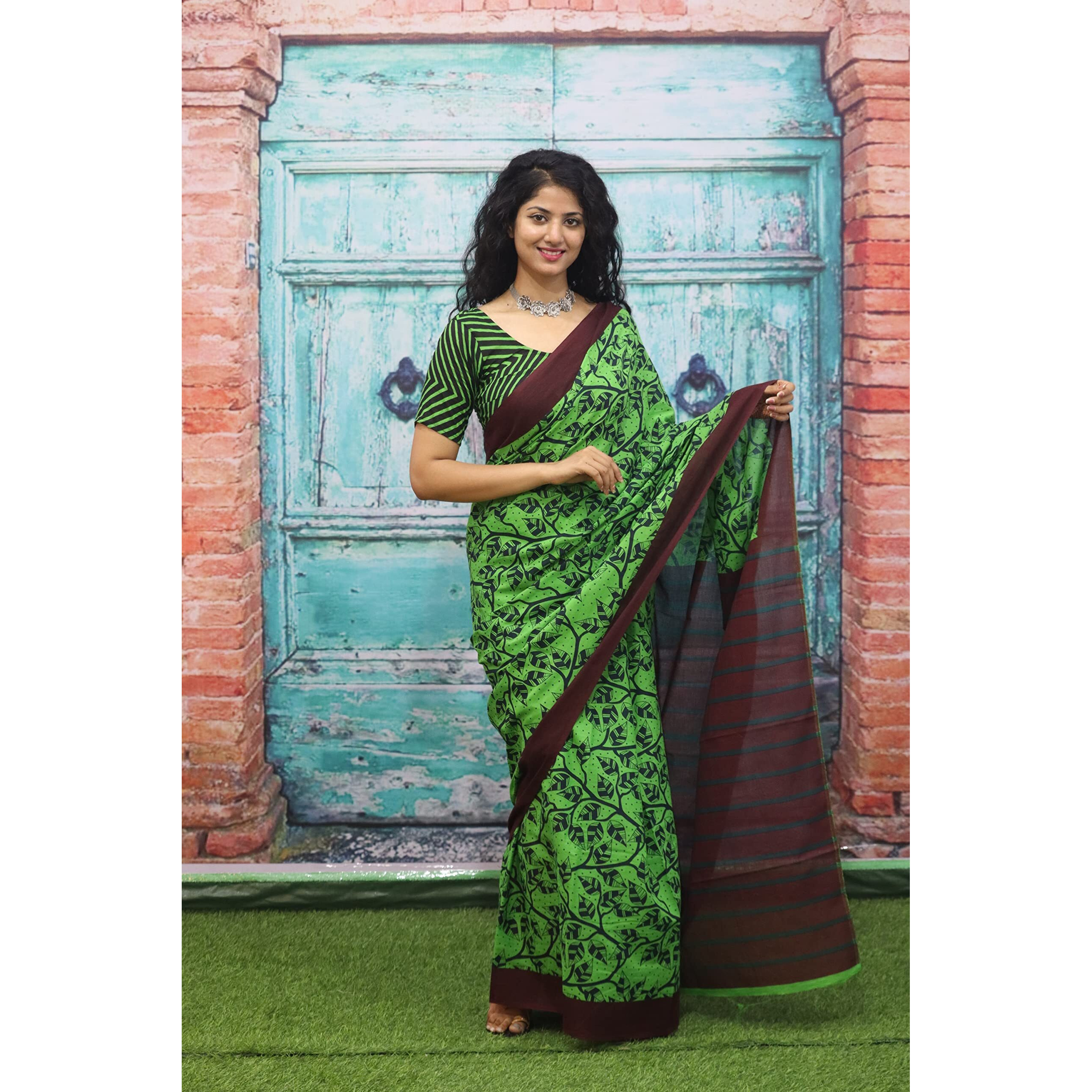 Kiaaron Womens Ikat Hand Block Print Jaipuri Cotton Mulmul Saree with Blouse Piece - Green_385