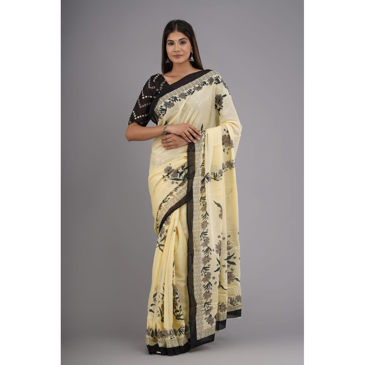 Kiaaron Handicrafts Womens Ikat Hand Block Print Jaipuri Cotton Mulmul Saree with Blouse Piece -Cream_21