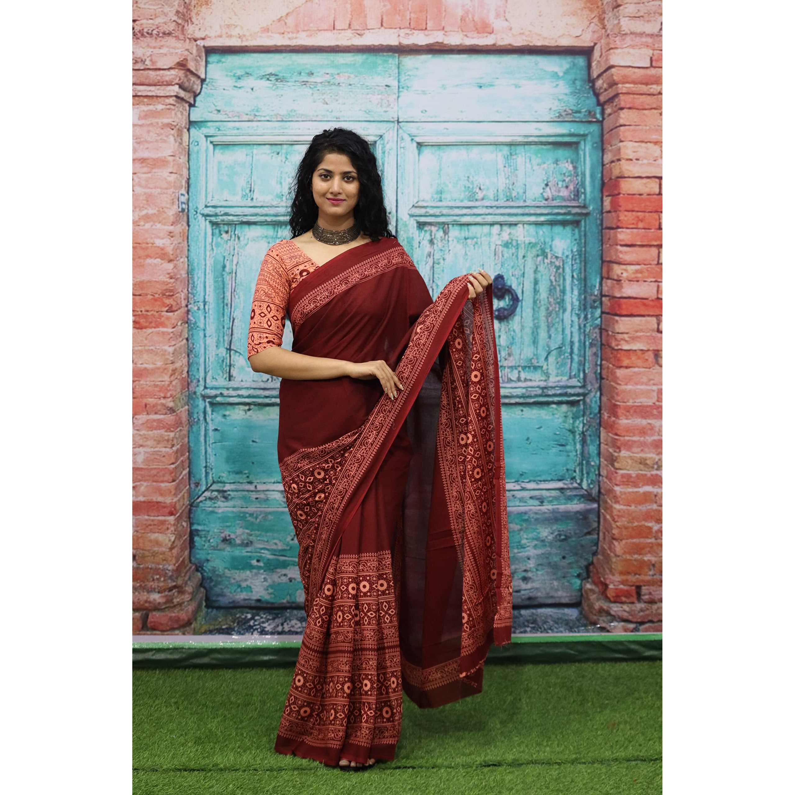 Kiaaron Womens Ikat Hand Block Print Jaipuri Cotton Mulmul Saree with Blouse Piece - Maroon_395