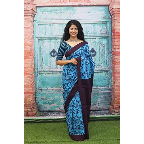 Kiaaron Womens Ikat Hand Block Print Jaipuri Cotton Mulmul Saree with Blouse Piece - Blue_388