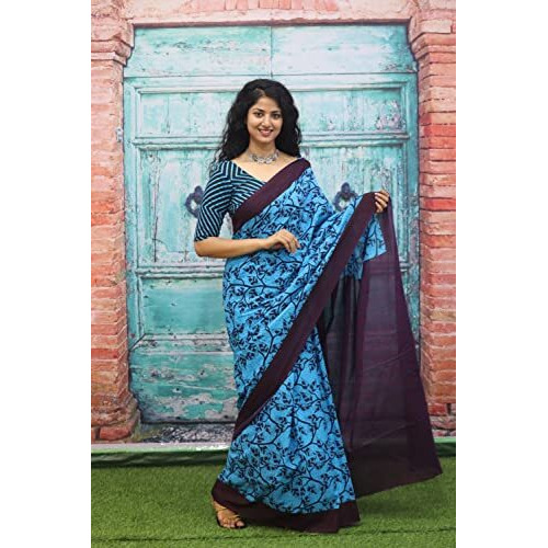 Kiaaron Womens Ikat Hand Block Print Jaipuri Cotton Mulmul Saree with Blouse Piece - Blue_388