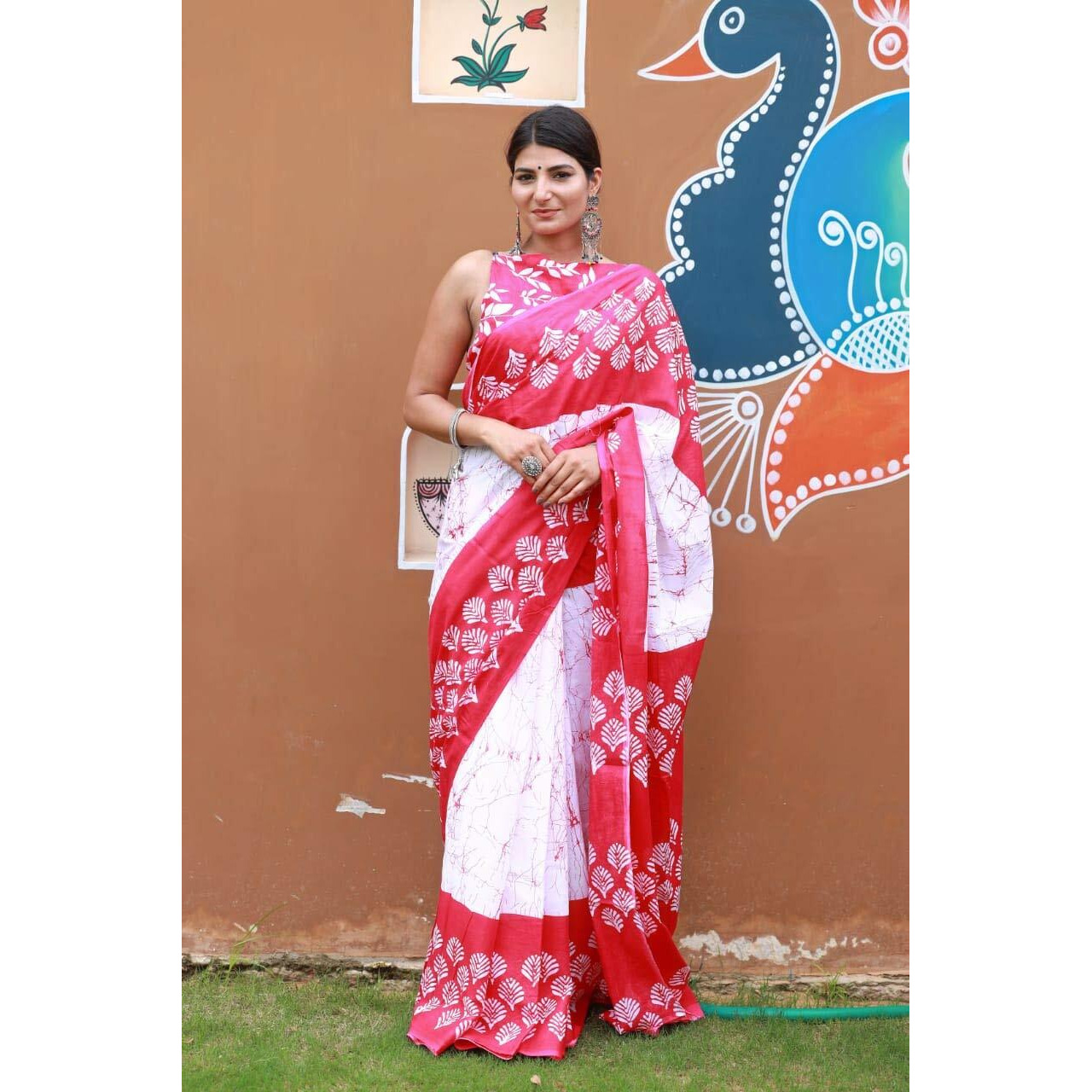 Kiaaron Womens Hand Block Kalamkari Batik Bagru Jaipuri Ikat Printed Handloom Pure Cotton Mulmul Traditional Ethnic Cotton Sarees With Printed Blouse Piece - Pink_White