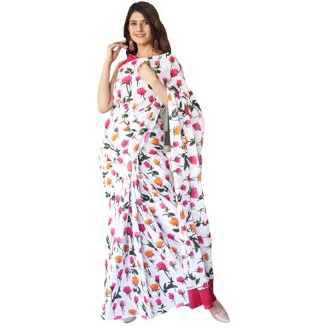 Kiaaron Womens Hand Block Kalamkari Batik Bagru Jaipuri Ikat Printed Handloom Pure Cotton Mulmul Traditional Ethnic Cotton Sarees With Printed Blouse Piece - White