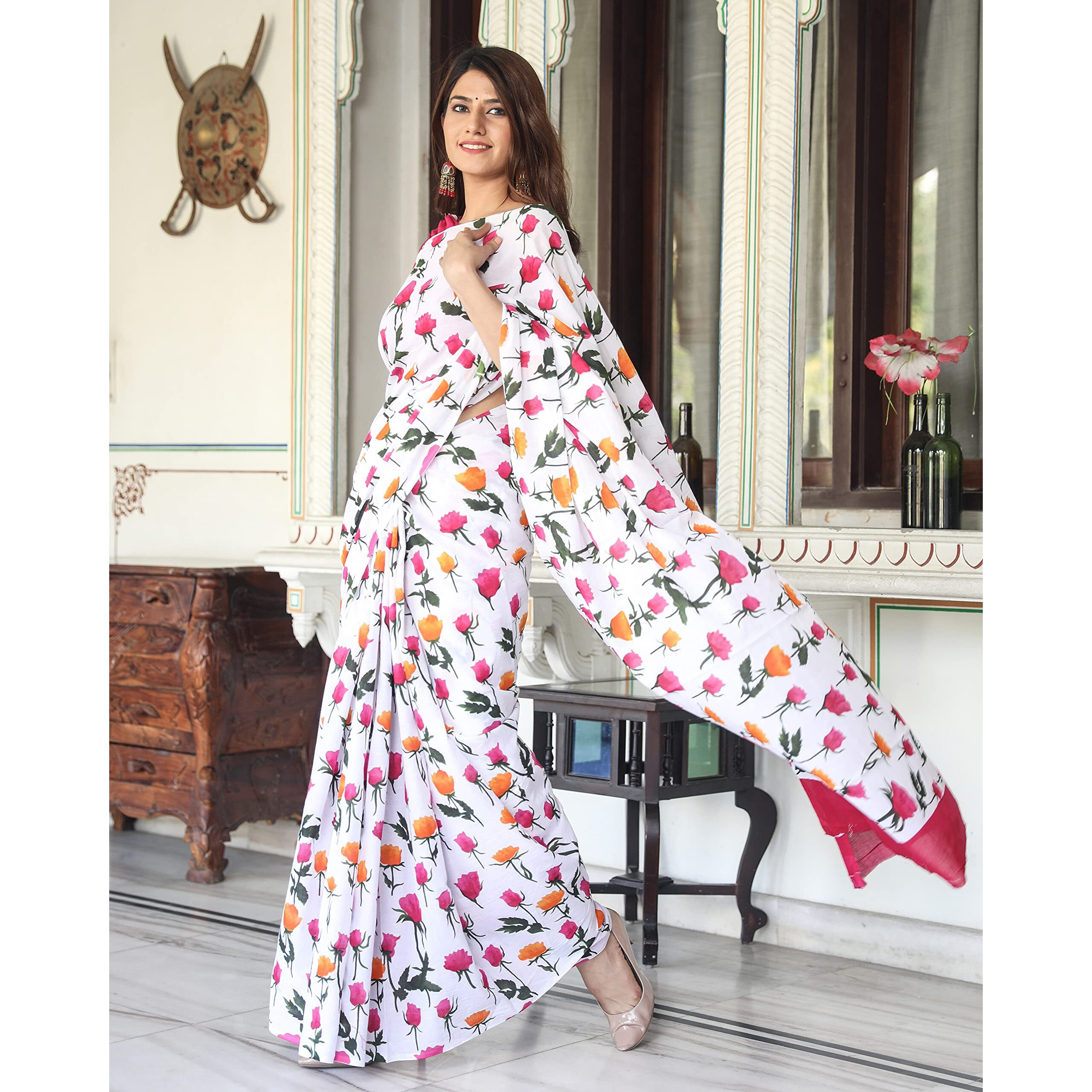 Kiaaron Womens Hand Block Kalamkari Batik Bagru Jaipuri Ikat Printed Handloom Pure Cotton Mulmul Traditional Ethnic Cotton Sarees With Printed Blouse Piece - White