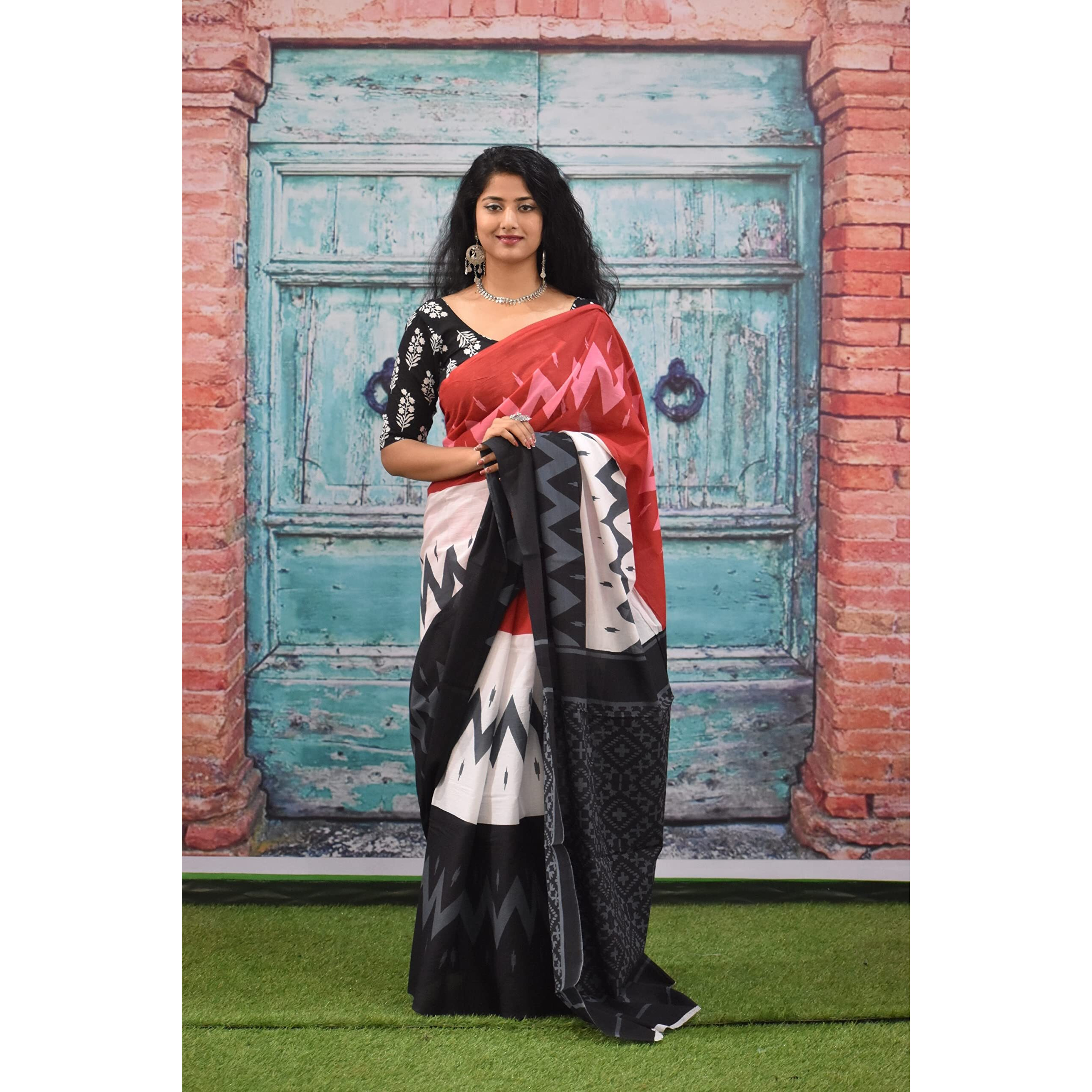 Kiaaron Womens Ikat Hand Block Print Jaipuri Cotton Mulmul Saree with Blouse Piece - White_370