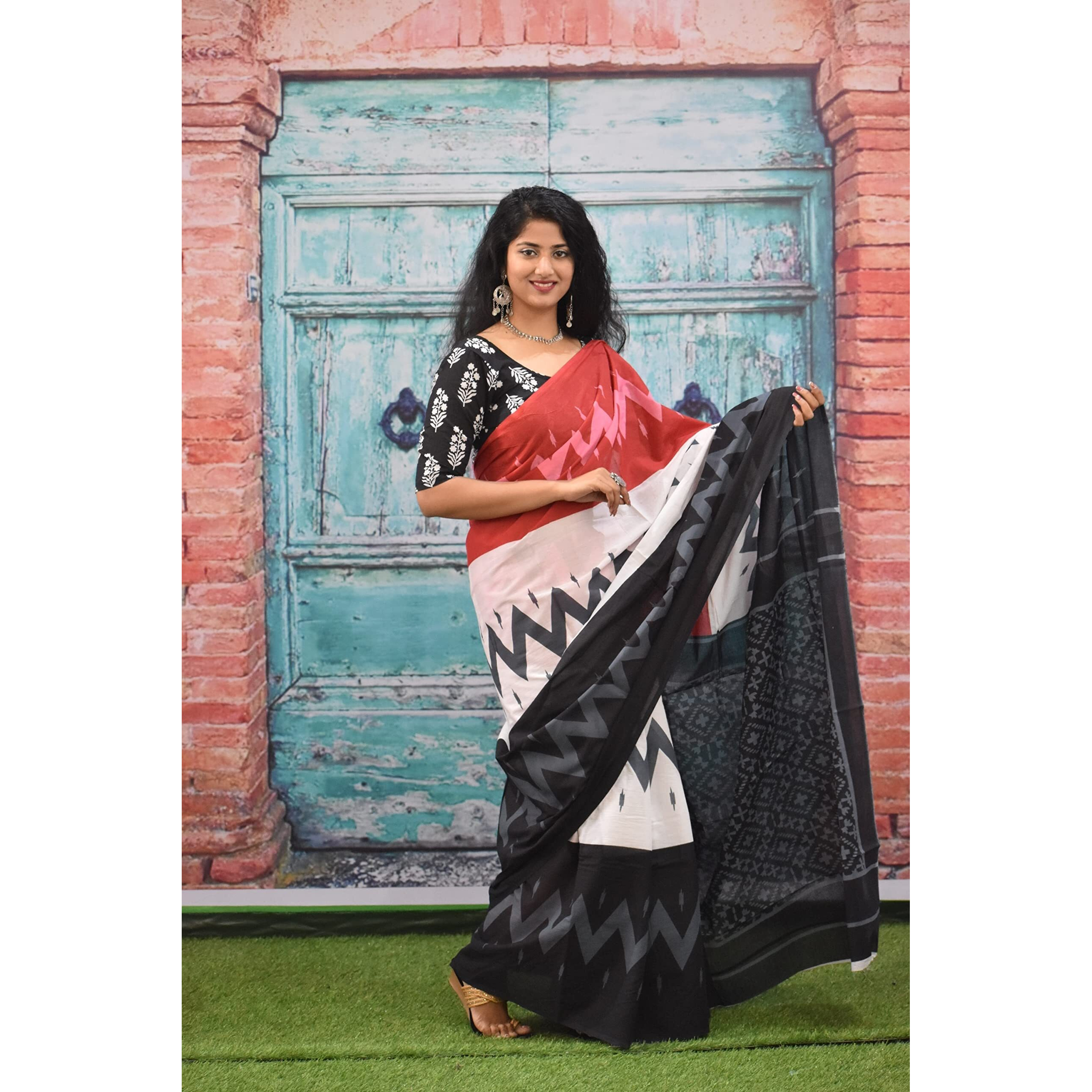 Kiaaron Womens Ikat Hand Block Print Jaipuri Cotton Mulmul Saree with Blouse Piece - White_370