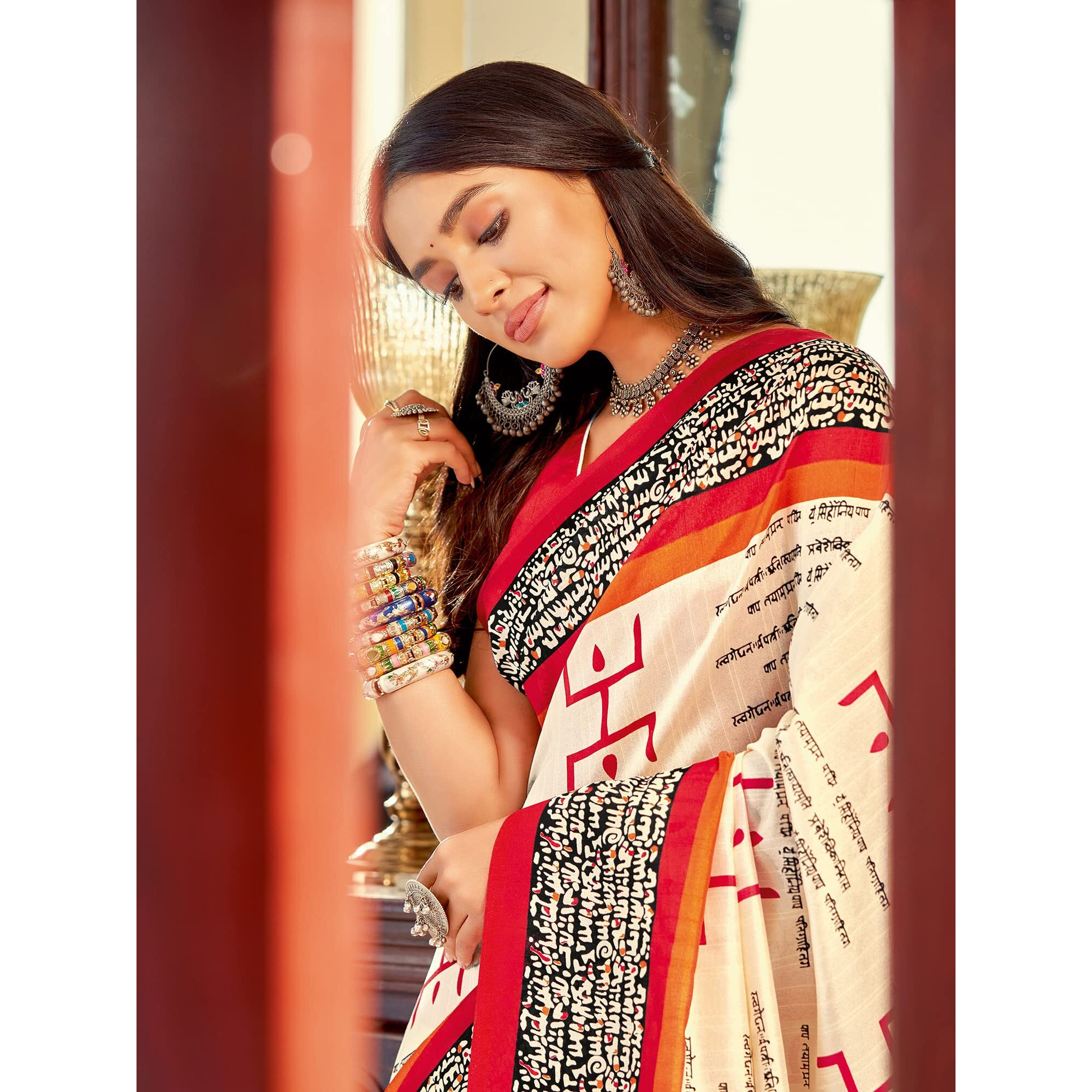 AKHILAM Womens Abstract Bhagalpuri Silk Printed Saree With Unstitched Blouse Piece (Cream_22WOM22911_HS)