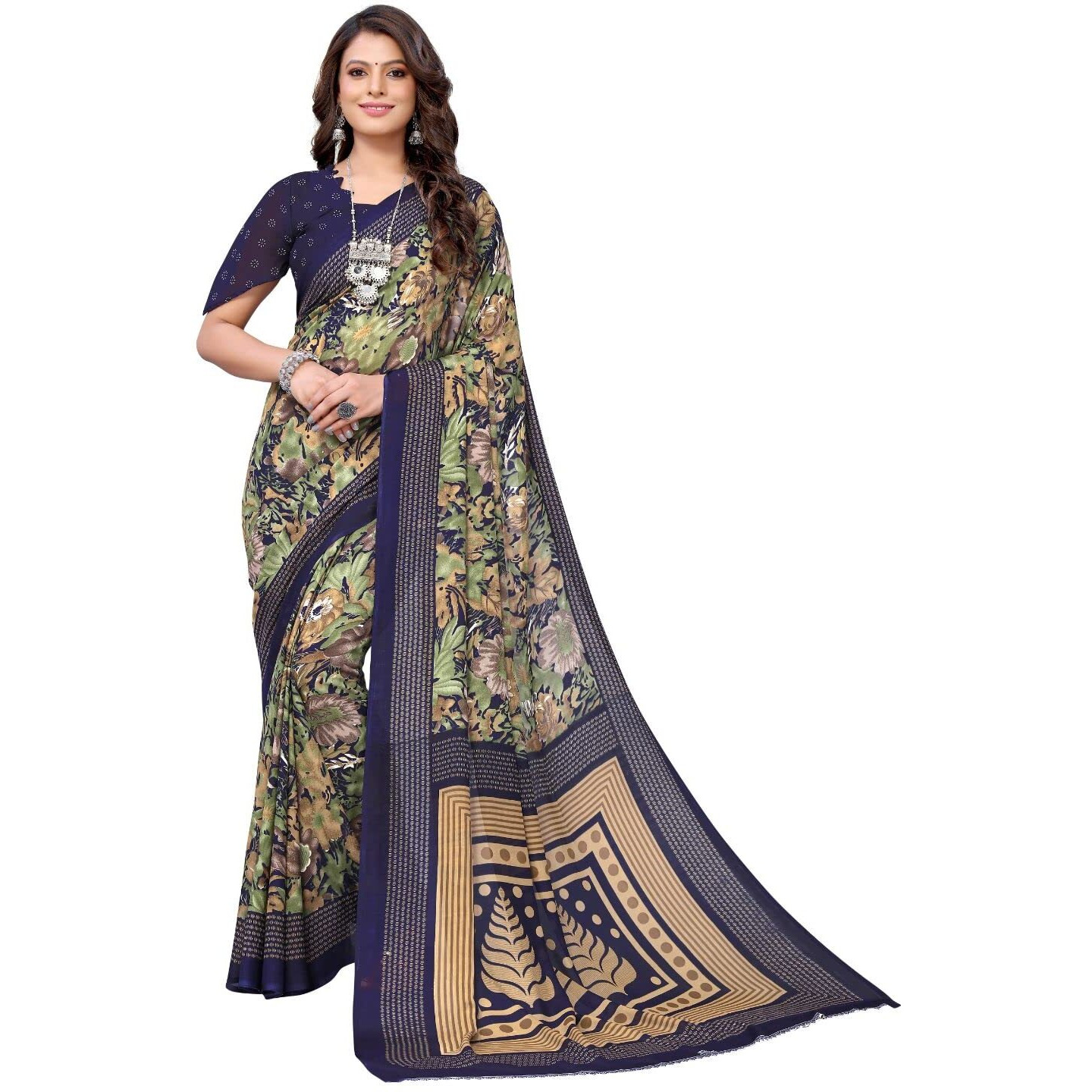 Yashika Womens Jacquard Georgette Saree (KUMUD Navy_W_Blue)