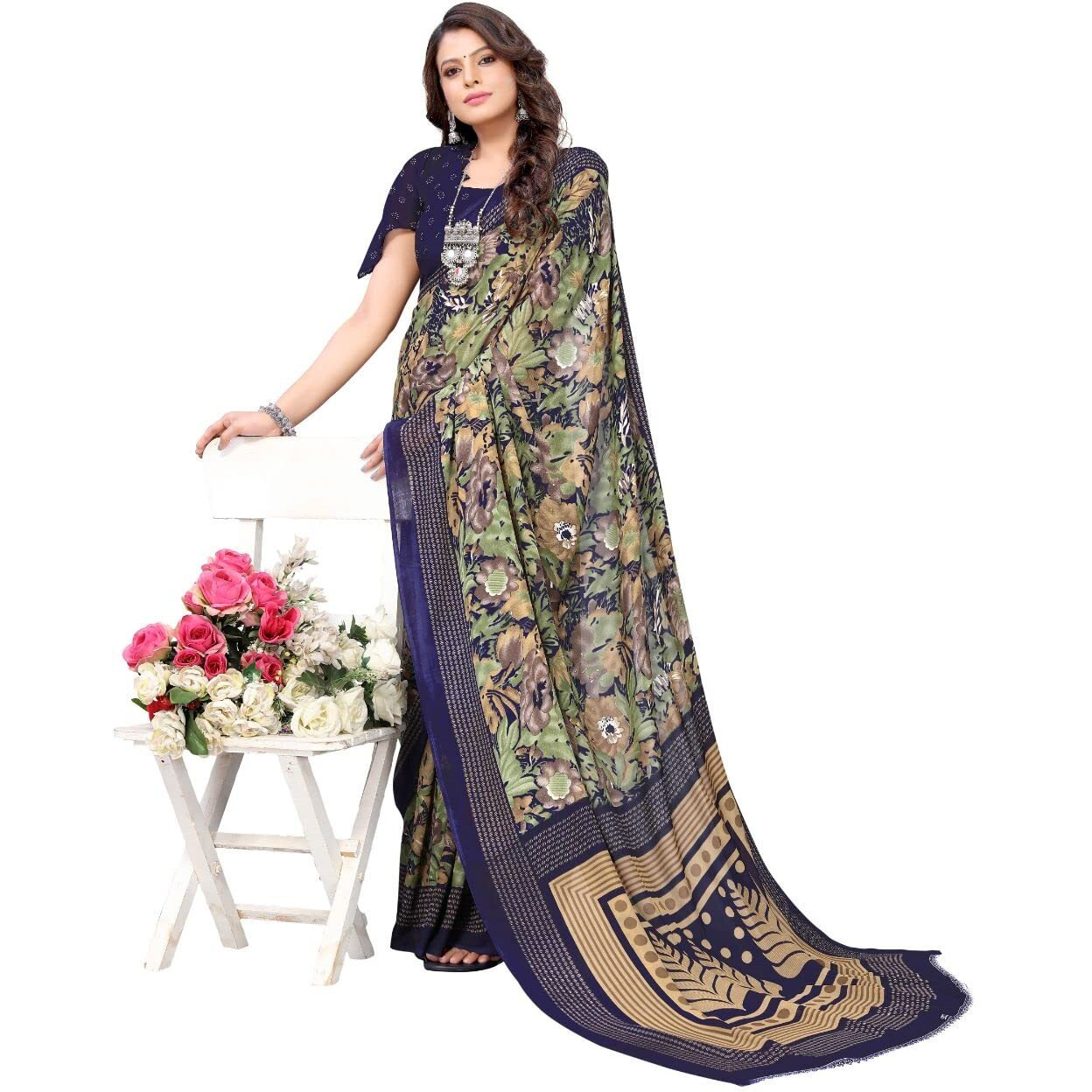 Yashika Womens Jacquard Georgette Saree (KUMUD Navy_W_Blue)