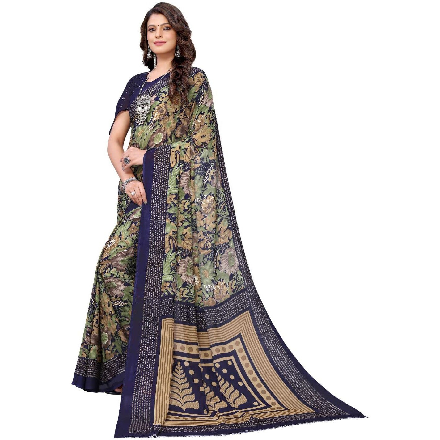Yashika Womens Jacquard Georgette Saree (KUMUD Navy_W_Blue)