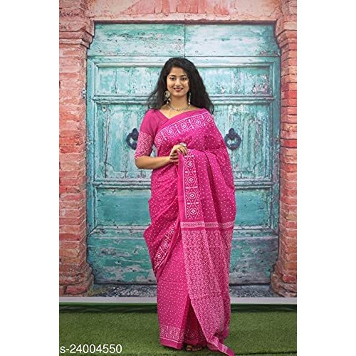 Kiaaron Womens Ikat Hand Block Print Jaipuri Cotton Mulmul Saree with Blouse Piece -Pink_Kia32