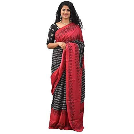 Kiaaron Womens Hand Block Kalamkari Batik Bagru Jaipuri Ikat Printed Handloom Pure Cotton Mulmul Traditional Ethnic Cotton Sarees With Printed Blouse Piece - Red_Black