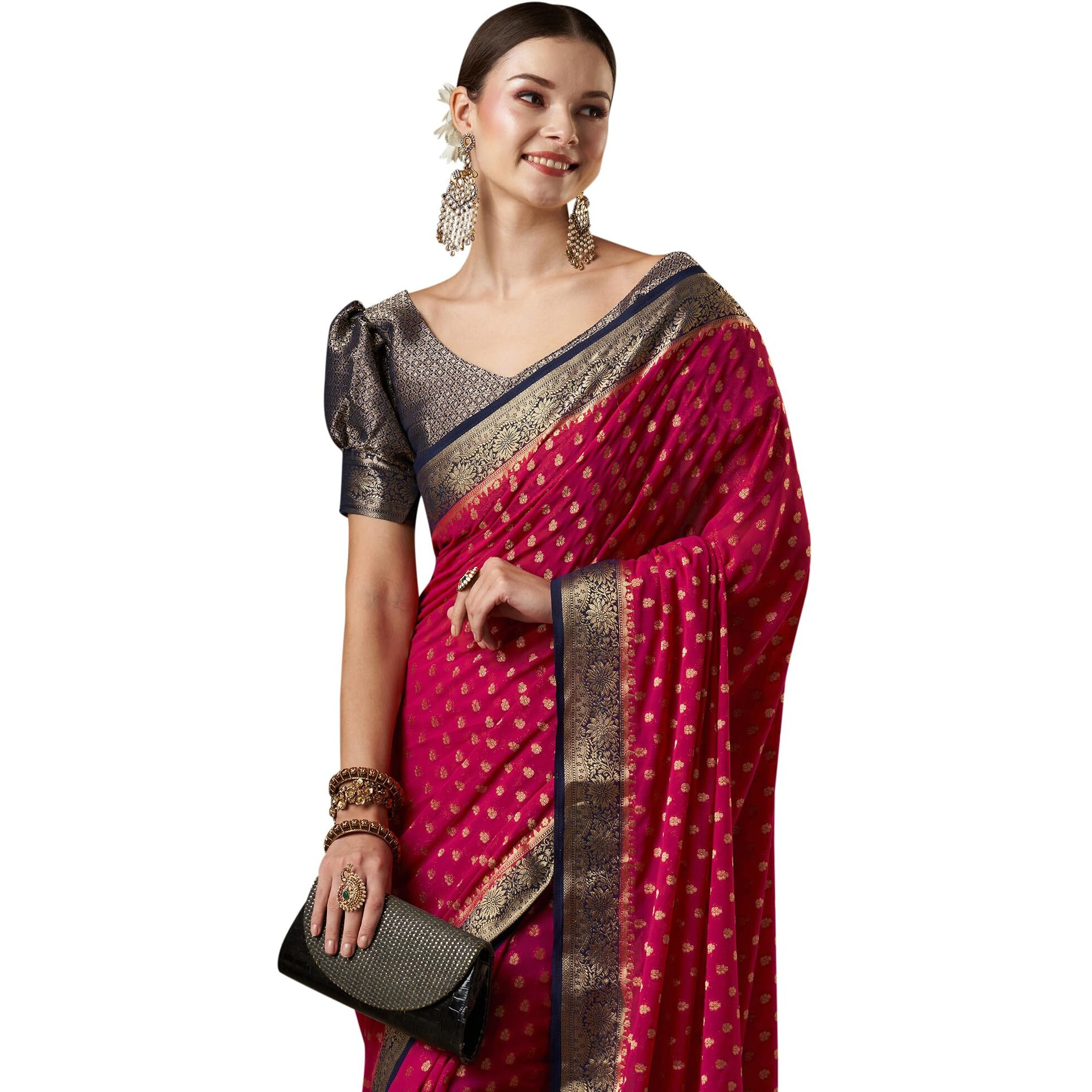 AKHILAM Womens Woven Design Ethnic Motif Georgette Kanjeevaram Saree With Unstiched Blouse Piece, Rani Pink