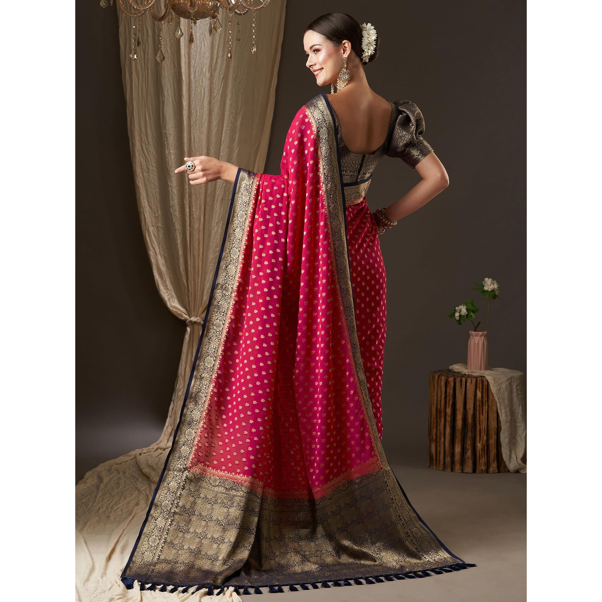 AKHILAM Womens Woven Design Ethnic Motif Georgette Kanjeevaram Saree With Unstiched Blouse Piece, Rani Pink