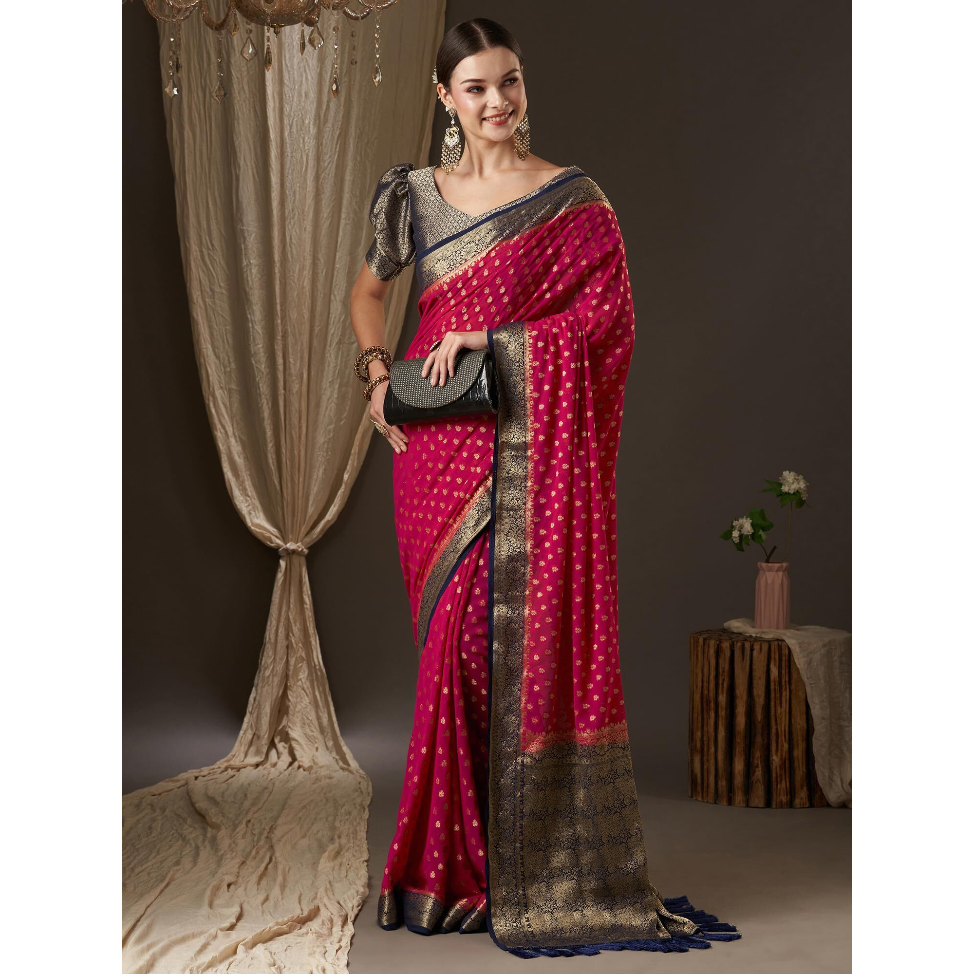 AKHILAM Womens Woven Design Ethnic Motif Georgette Kanjeevaram Saree With Unstiched Blouse Piece, Rani Pink