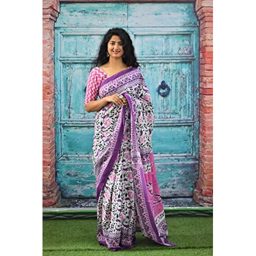 Kiaaron Womens Ikat Hand Block Print Jaipuri Cotton Mulmul Saree with Blouse Piece - Purple_103