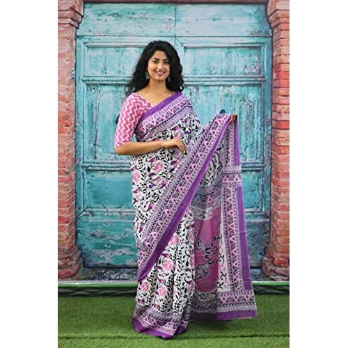Kiaaron Womens Ikat Hand Block Print Jaipuri Cotton Mulmul Saree with Blouse Piece - Purple_103