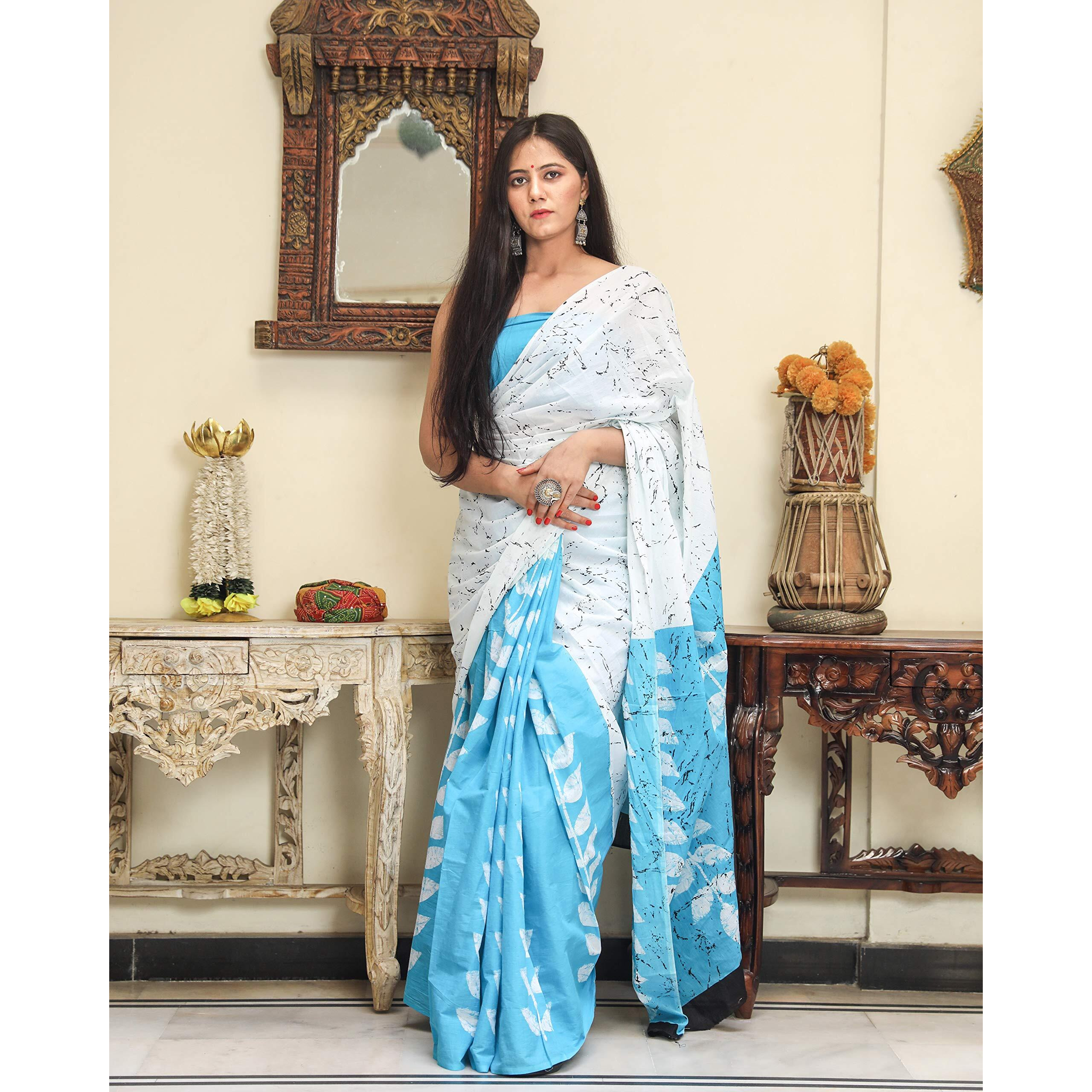 Kiaaron Womens Hand Block Kalamkari Batik Bagru Jaipuri Ikat Printed Handloom Pure Cotton Mulmul Traditional Ethnic Cotton Sarees With Printed Blouse Piece - White