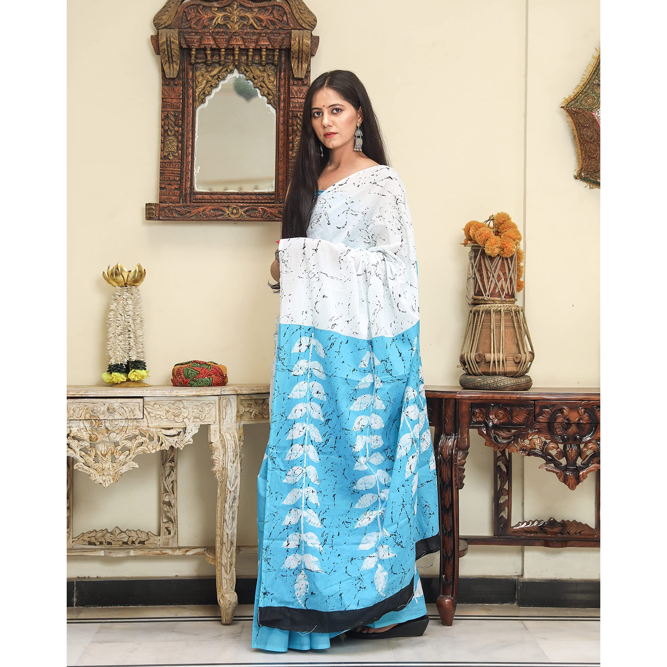 Kiaaron Womens Hand Block Kalamkari Batik Bagru Jaipuri Ikat Printed Handloom Pure Cotton Mulmul Traditional Ethnic Cotton Sarees With Printed Blouse Piece - White