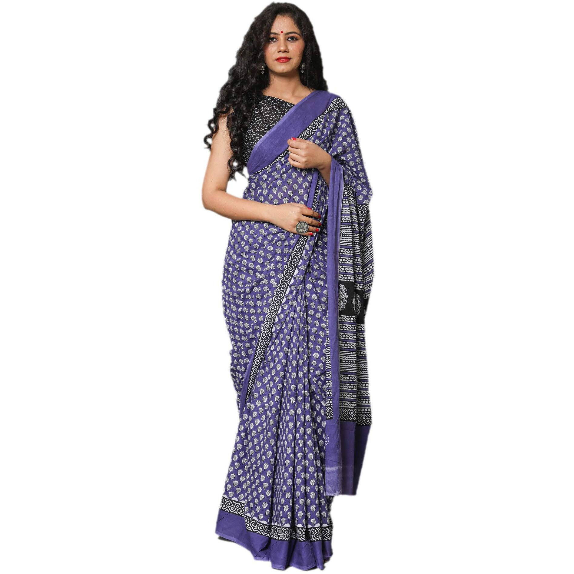 Kiaaron Womens Hand Block Kalamkari Batik Bagru Jaipuri Ikat Printed Handloom Pure Cotton Mulmul Traditional Ethnic Cotton Sarees With Printed Blouse Piece - Purple