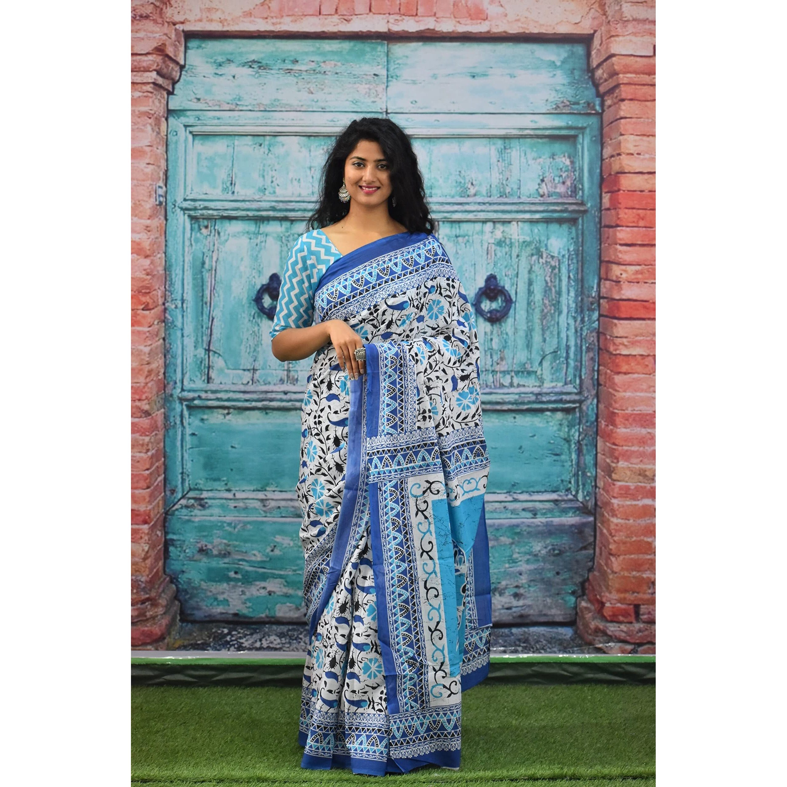 Kiaaron Womens Ikat Hand Block Print Jaipuri Cotton Mulmul Saree with Blouse Piece - Blue_100