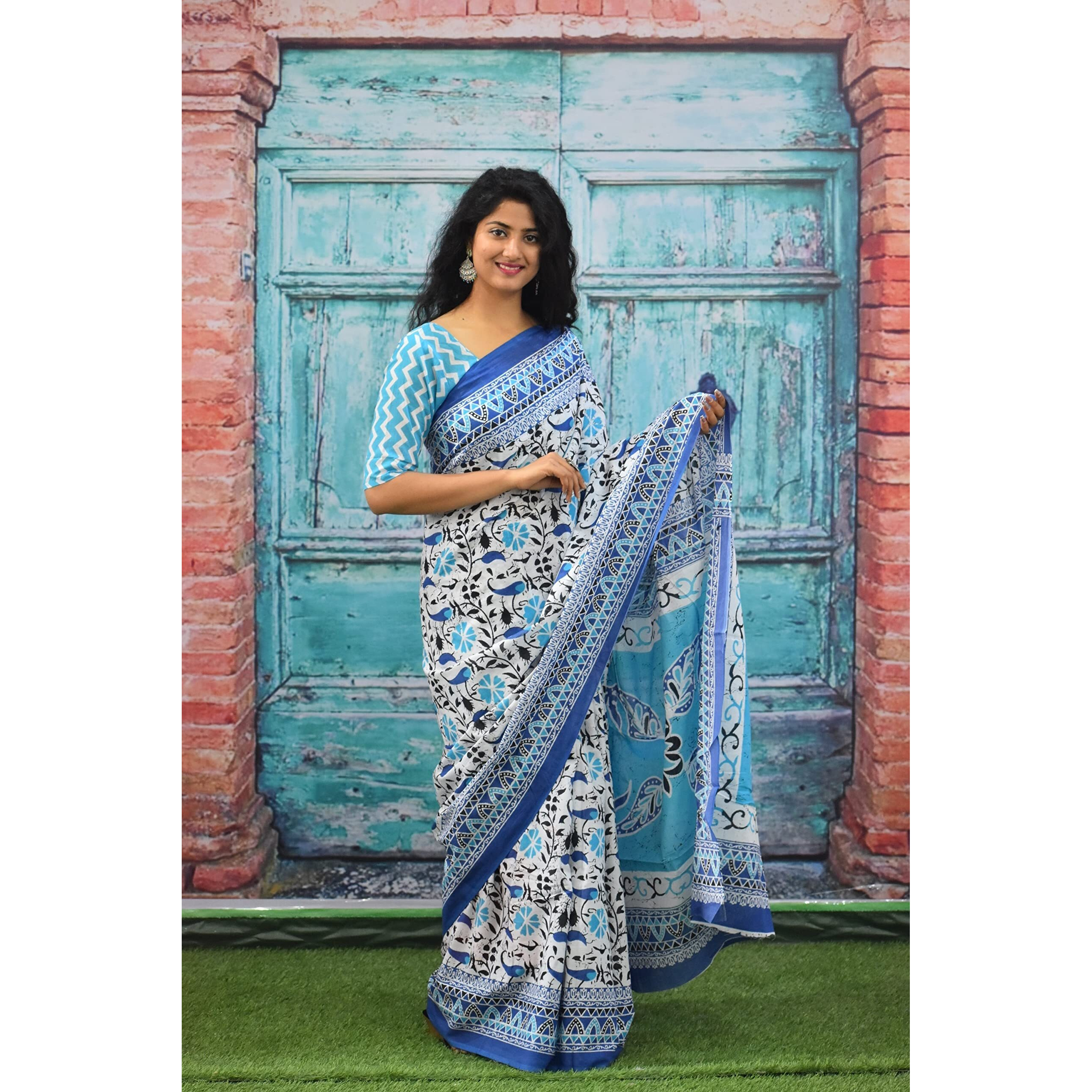 Kiaaron Womens Ikat Hand Block Print Jaipuri Cotton Mulmul Saree with Blouse Piece - Blue_100