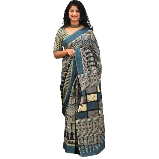 Kiaaron Womens Ikat Hand Block Print Jaipuri Cotton Mulmul Saree with Blouse Piece - Multi_439