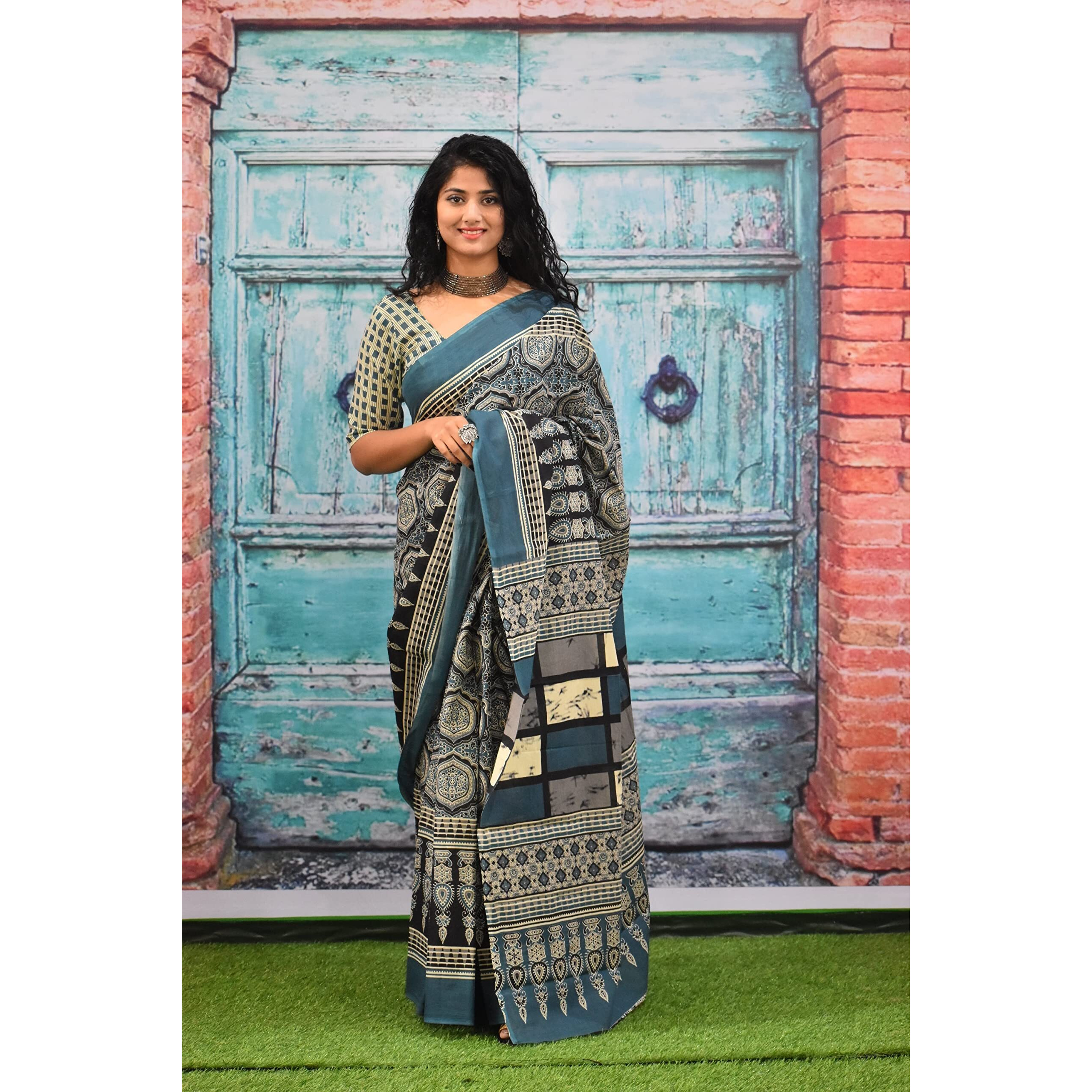 Kiaaron Womens Ikat Hand Block Print Jaipuri Cotton Mulmul Saree with Blouse Piece - Multi_439