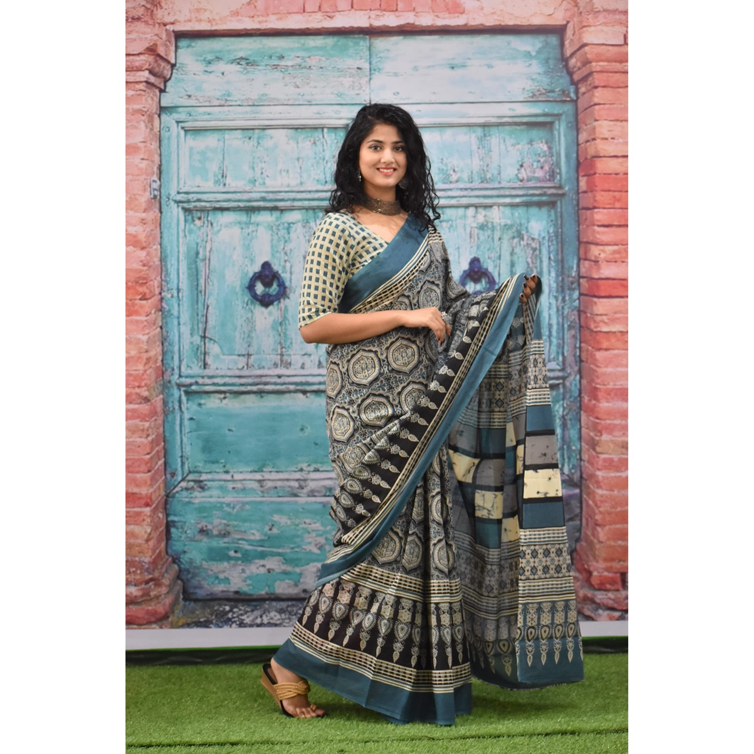 Kiaaron Womens Ikat Hand Block Print Jaipuri Cotton Mulmul Saree with Blouse Piece - Multi_439