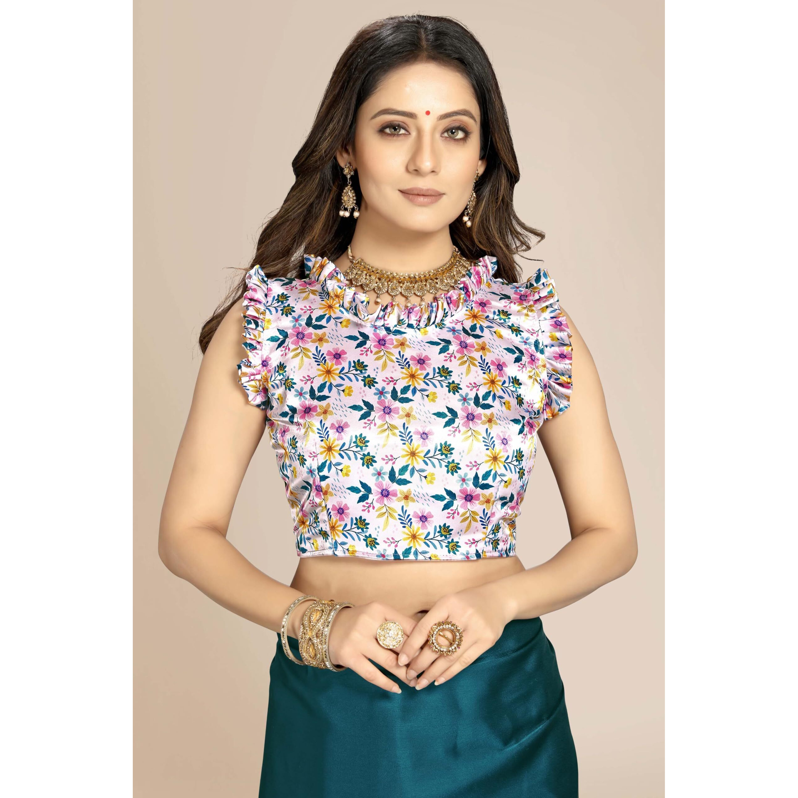 Kaugalian store Plain Satin Silk Saree with Printed Blouse piece for girls and women. (Blue) (PRUSSIAN BLUE)