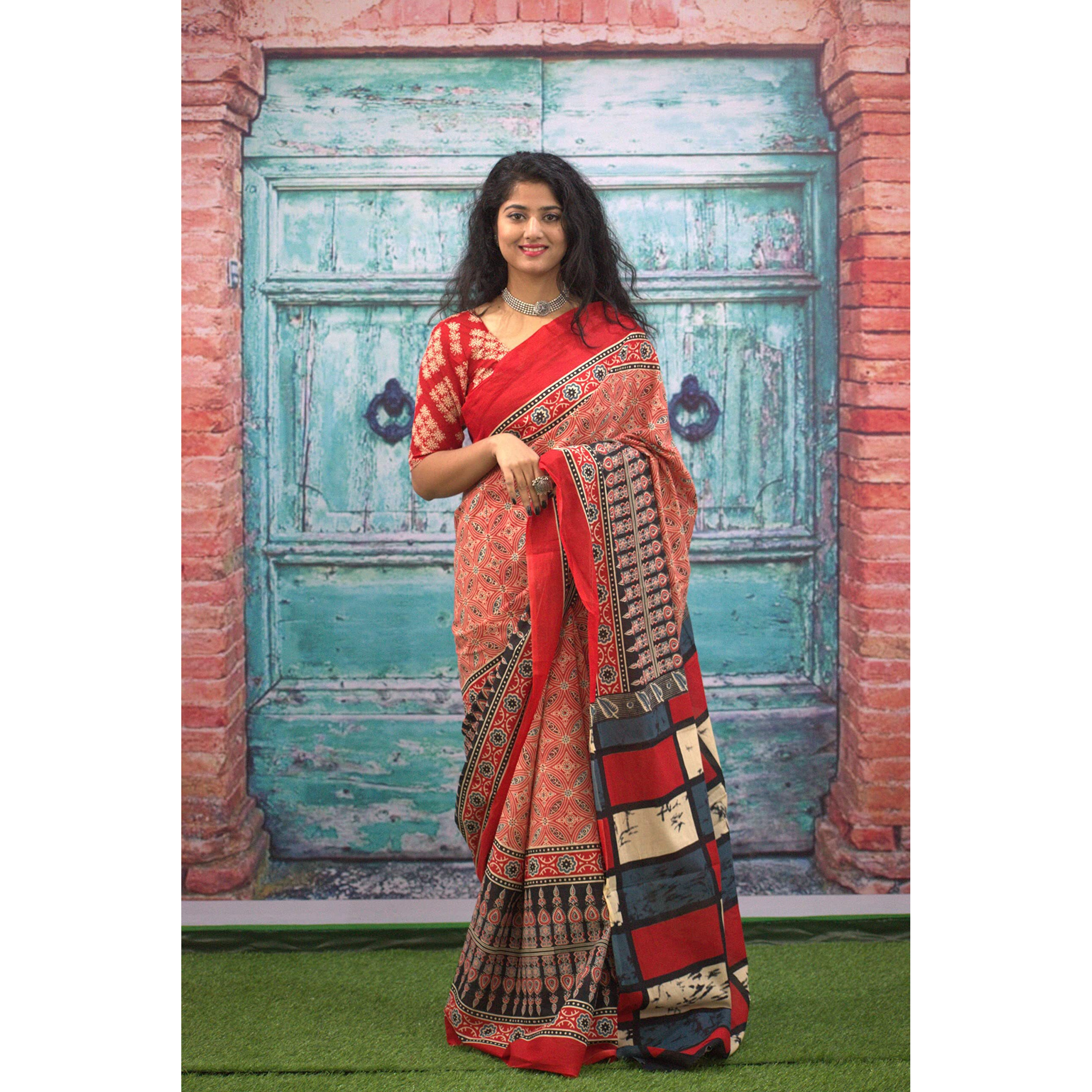 Kiaaron Womens Ikat Hand Block Print Jaipuri Cotton Mulmul Saree with Blouse Piece - Red_444