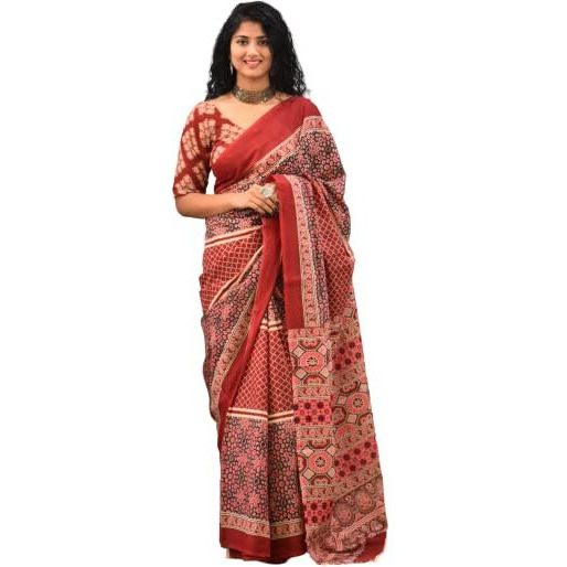 Kiaaron Womens Ikat Hand Block Print Jaipuri Cotton Mulmul Saree with Blouse Piece - Maroon_438