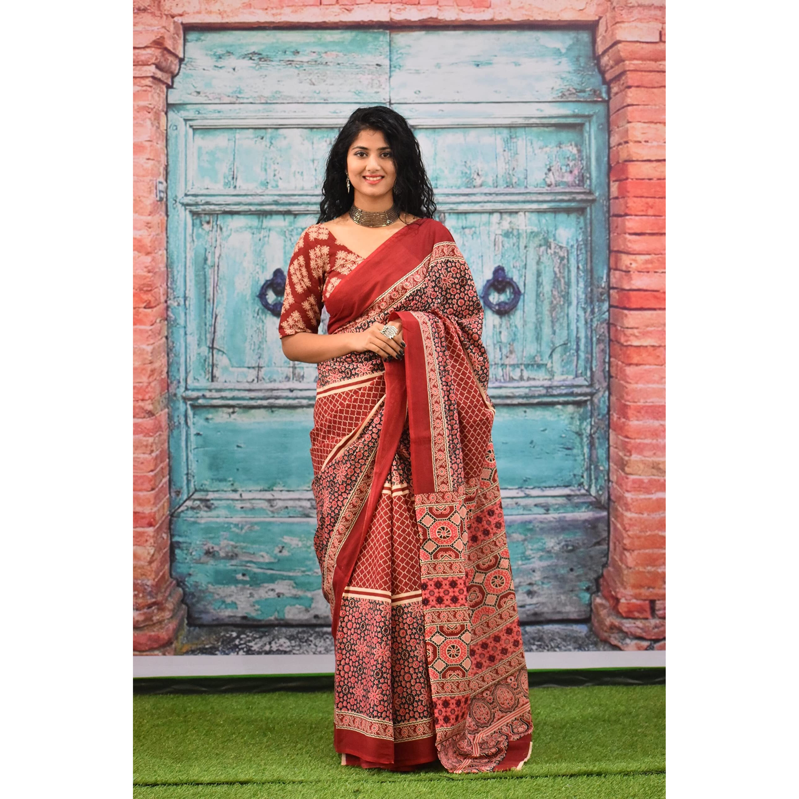 Kiaaron Womens Ikat Hand Block Print Jaipuri Cotton Mulmul Saree with Blouse Piece - Maroon_438