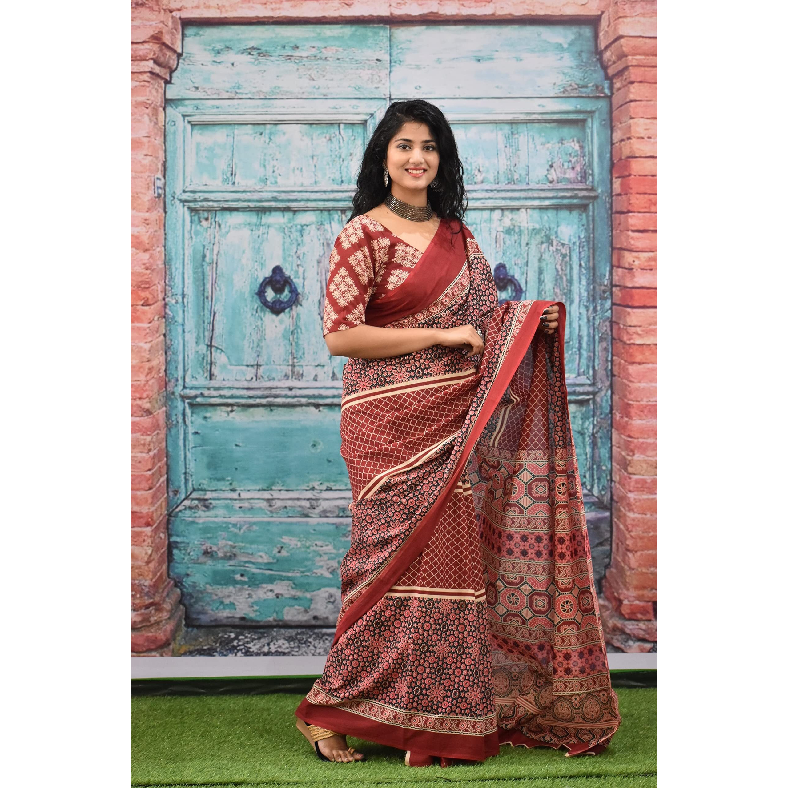 Kiaaron Womens Ikat Hand Block Print Jaipuri Cotton Mulmul Saree with Blouse Piece - Maroon_438
