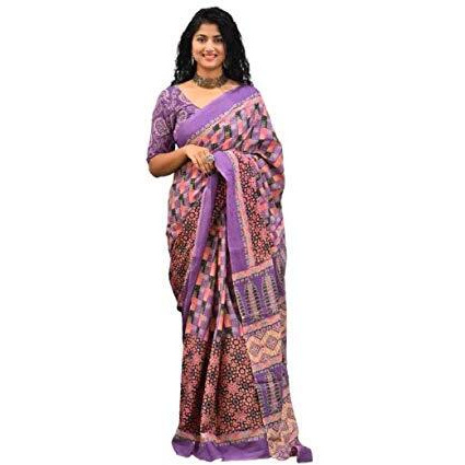 Kiaaron Ikat Hand Block Print Cotton Mulmul Saree with Blouse Piece for Women - Purple