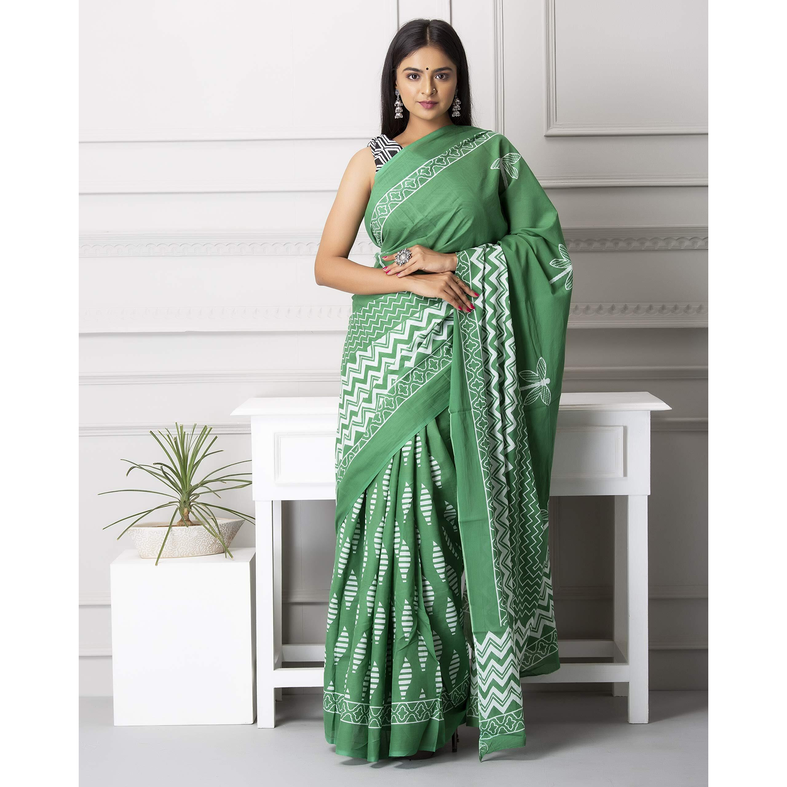 Kiaaron Womens Hand Block Kalamkari Batik Bagru Jaipuri Ikat Printed Handloom Pure Cotton Mulmul Traditional Ethnic Cotton Sarees With Printed Blouse Piece - Green