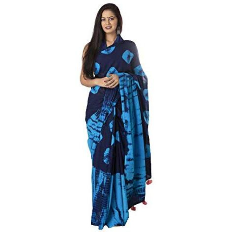 Kiaaron Womens Hand Block Kalamkari Batik Bagru Jaipuri Ikat Printed Handloom Pure Cotton Mulmul Traditional Ethnic Cotton Sarees With Printed Blouse Piece - Blue