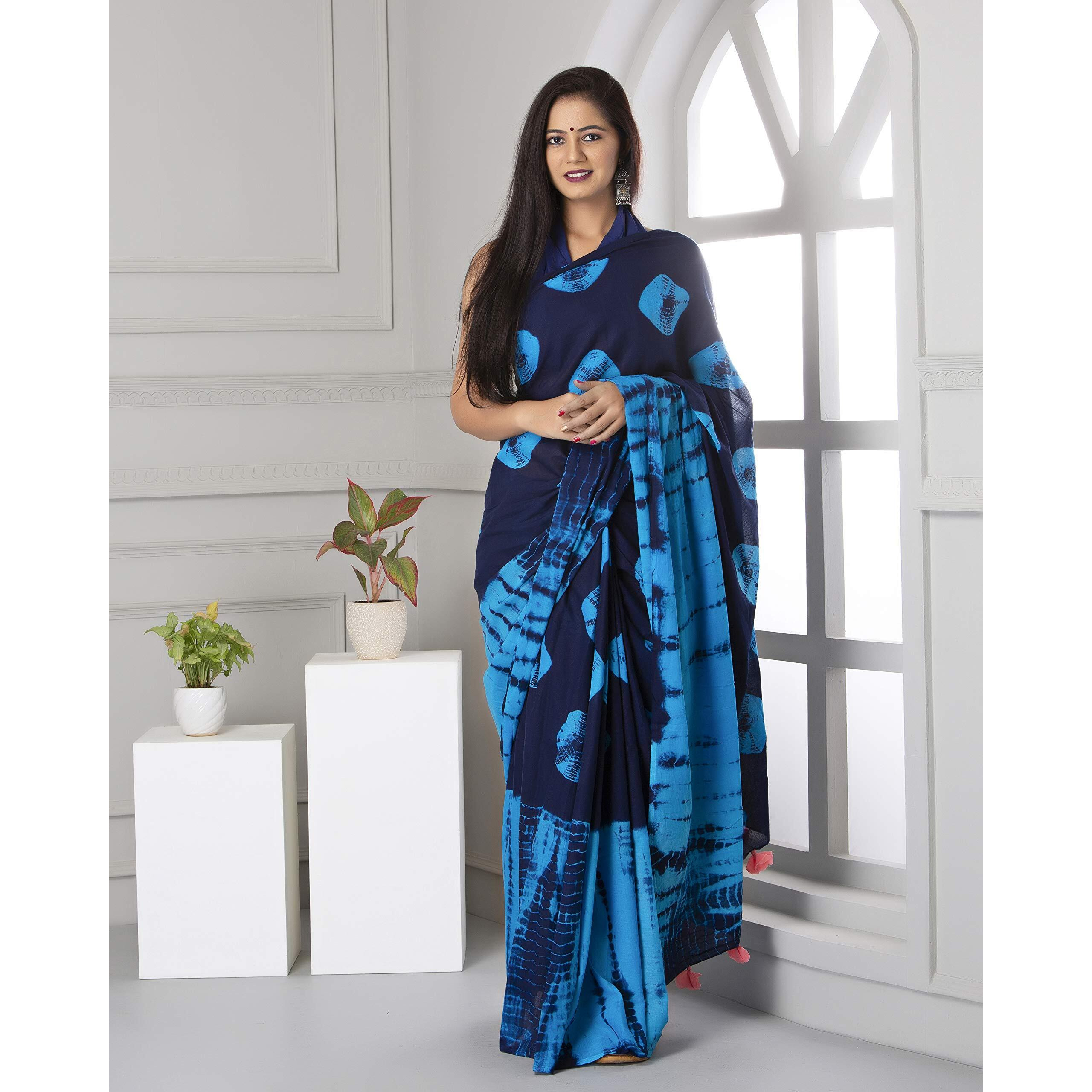 Kiaaron Womens Hand Block Kalamkari Batik Bagru Jaipuri Ikat Printed Handloom Pure Cotton Mulmul Traditional Ethnic Cotton Sarees With Printed Blouse Piece - Blue