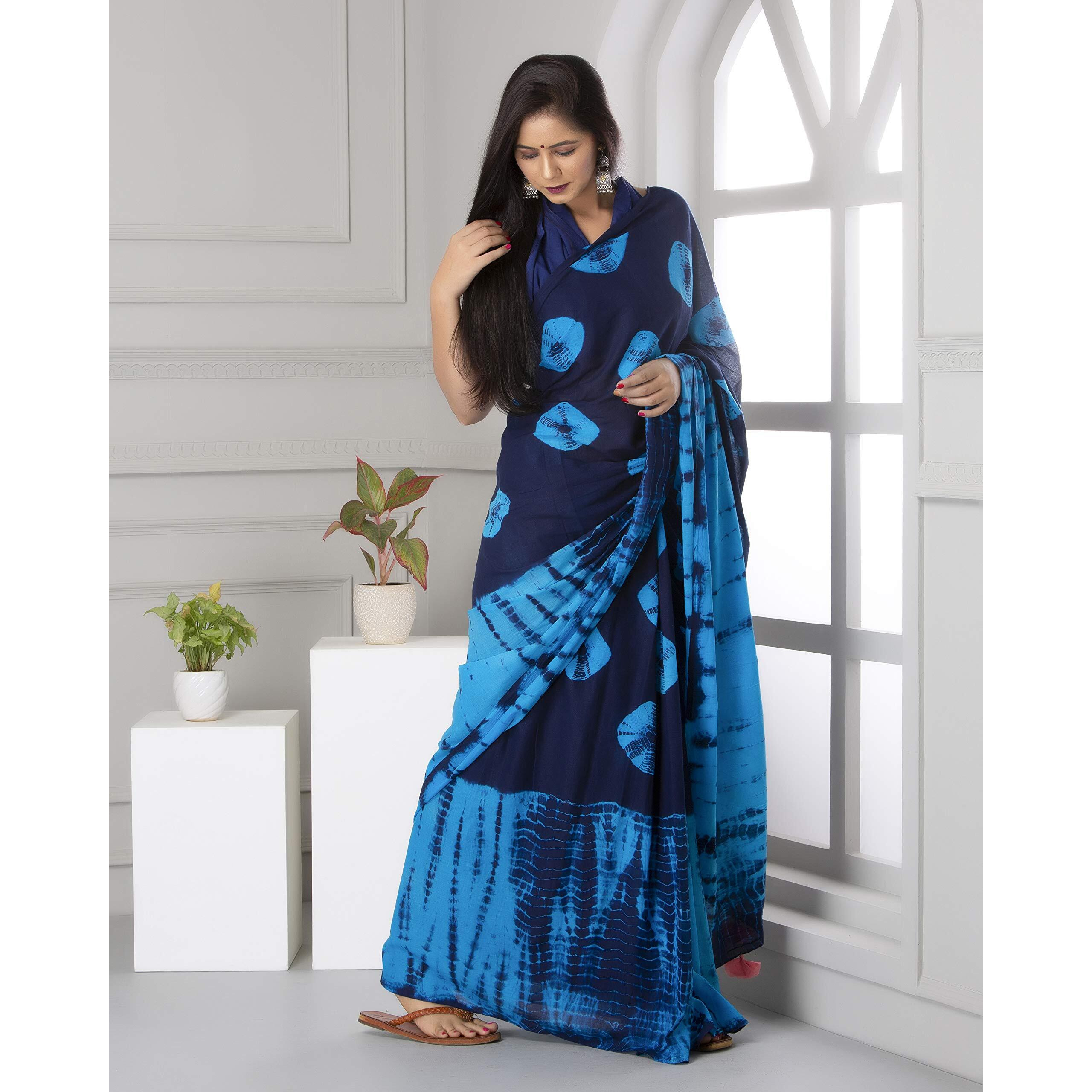 Kiaaron Womens Hand Block Kalamkari Batik Bagru Jaipuri Ikat Printed Handloom Pure Cotton Mulmul Traditional Ethnic Cotton Sarees With Printed Blouse Piece - Blue